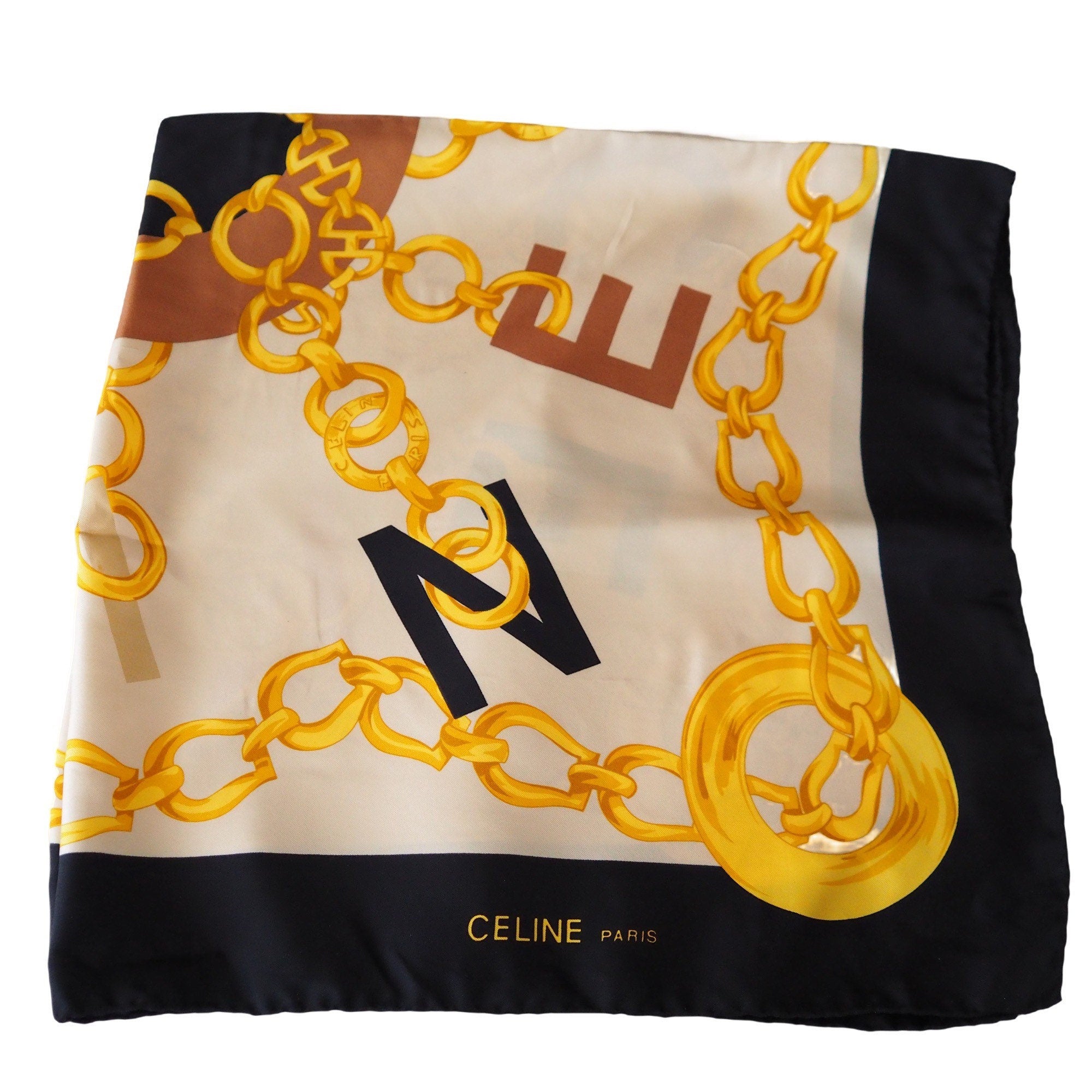 CELINE Circle Chain Logo Scarf Silk 100% Brown Authentic