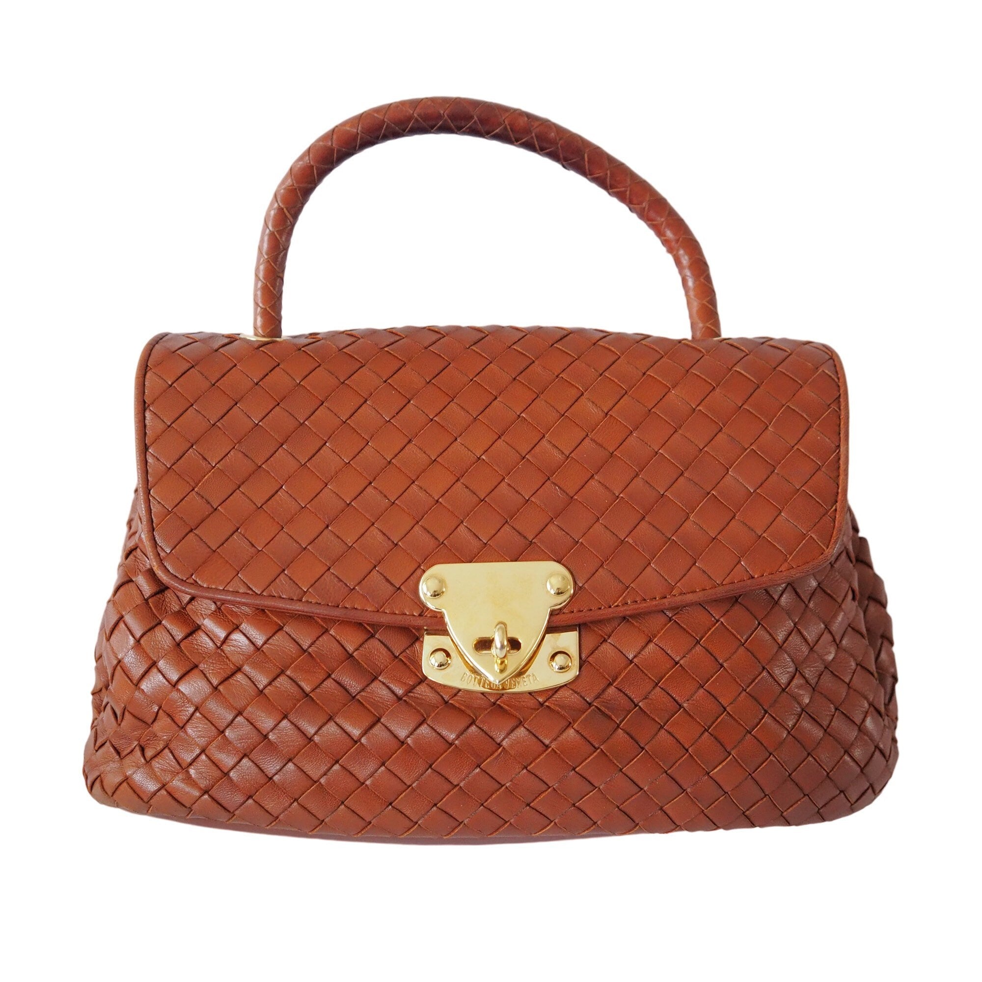 BOTTEGA VENETA Intrecciato Leather Handbag Brown Leather Vintage Authentic