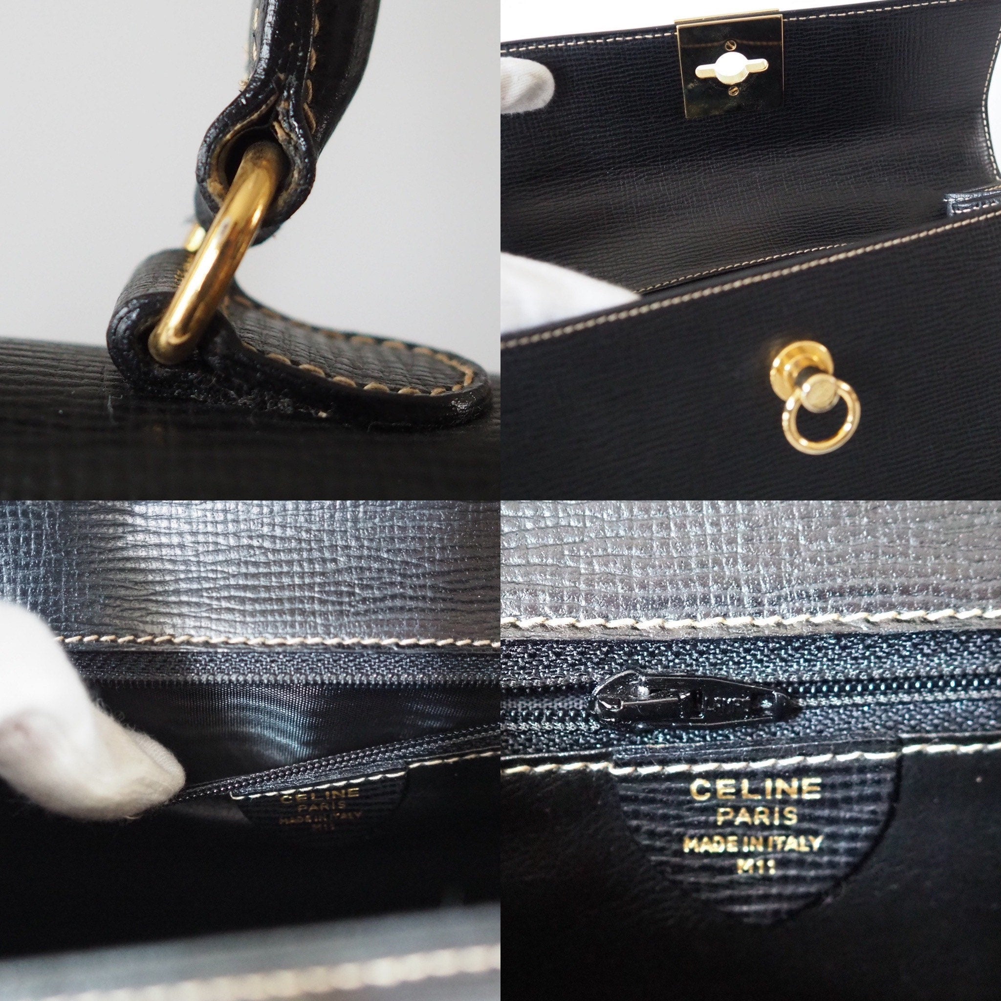 CELINE Kelly Hand Bag Black Leather Authentic Vintage