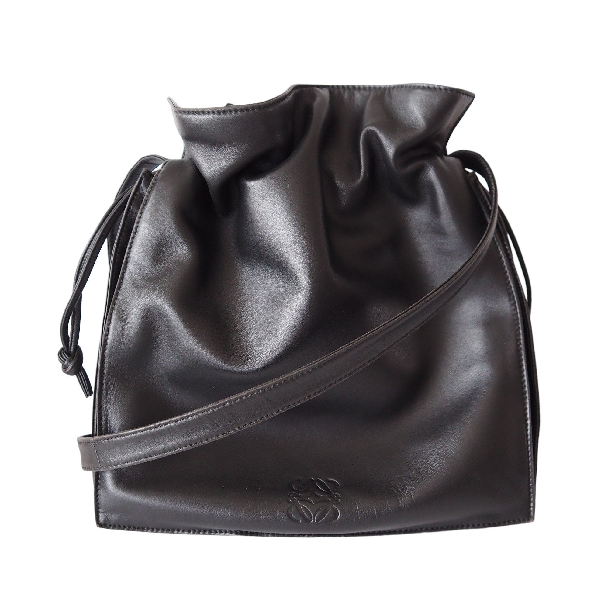 LOEWE  Flamenco Anagram Shoulder bag Black Leather Vintage Authentic