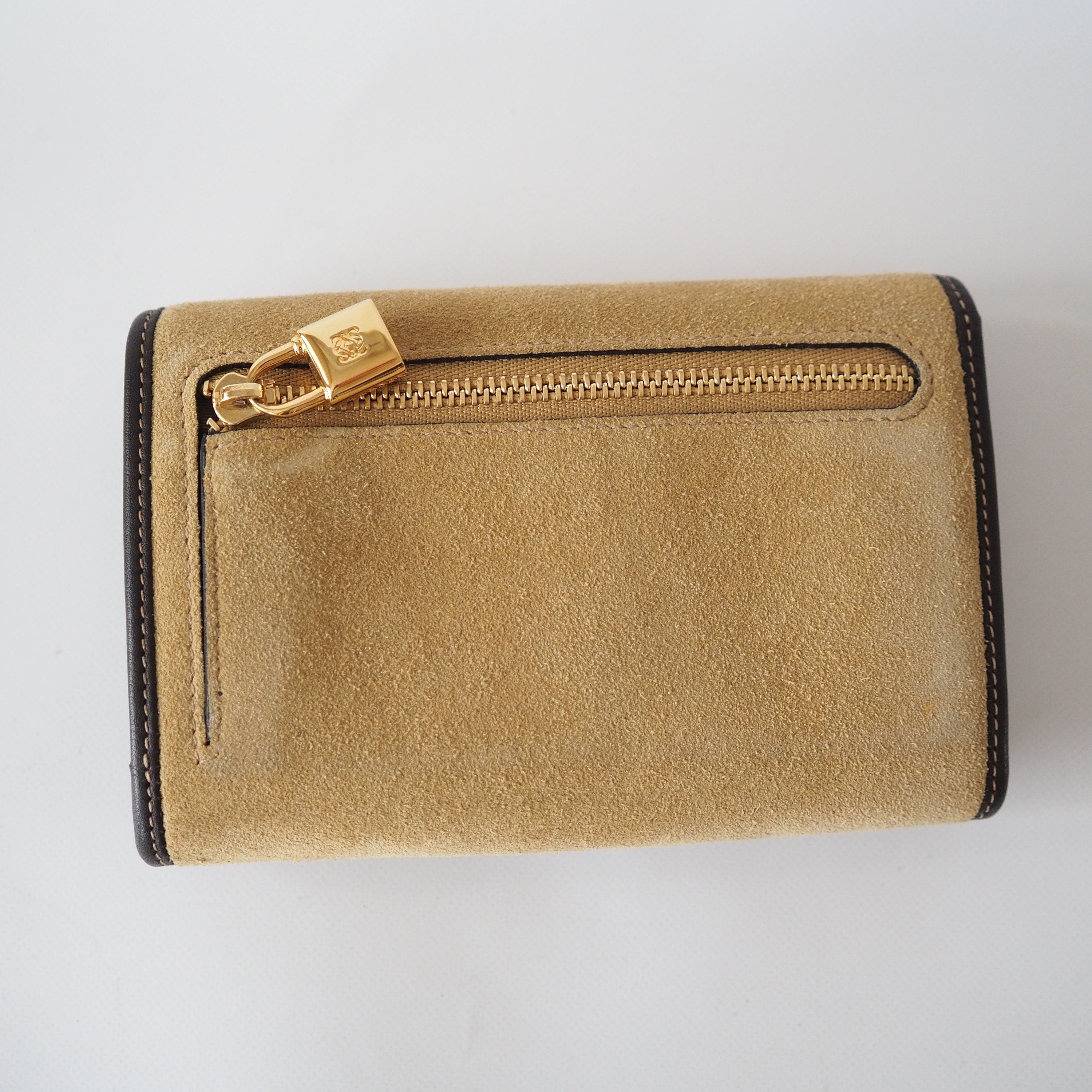 LOEWE Anagram Compact Wallet Suede Leather Beige Brown Authentic