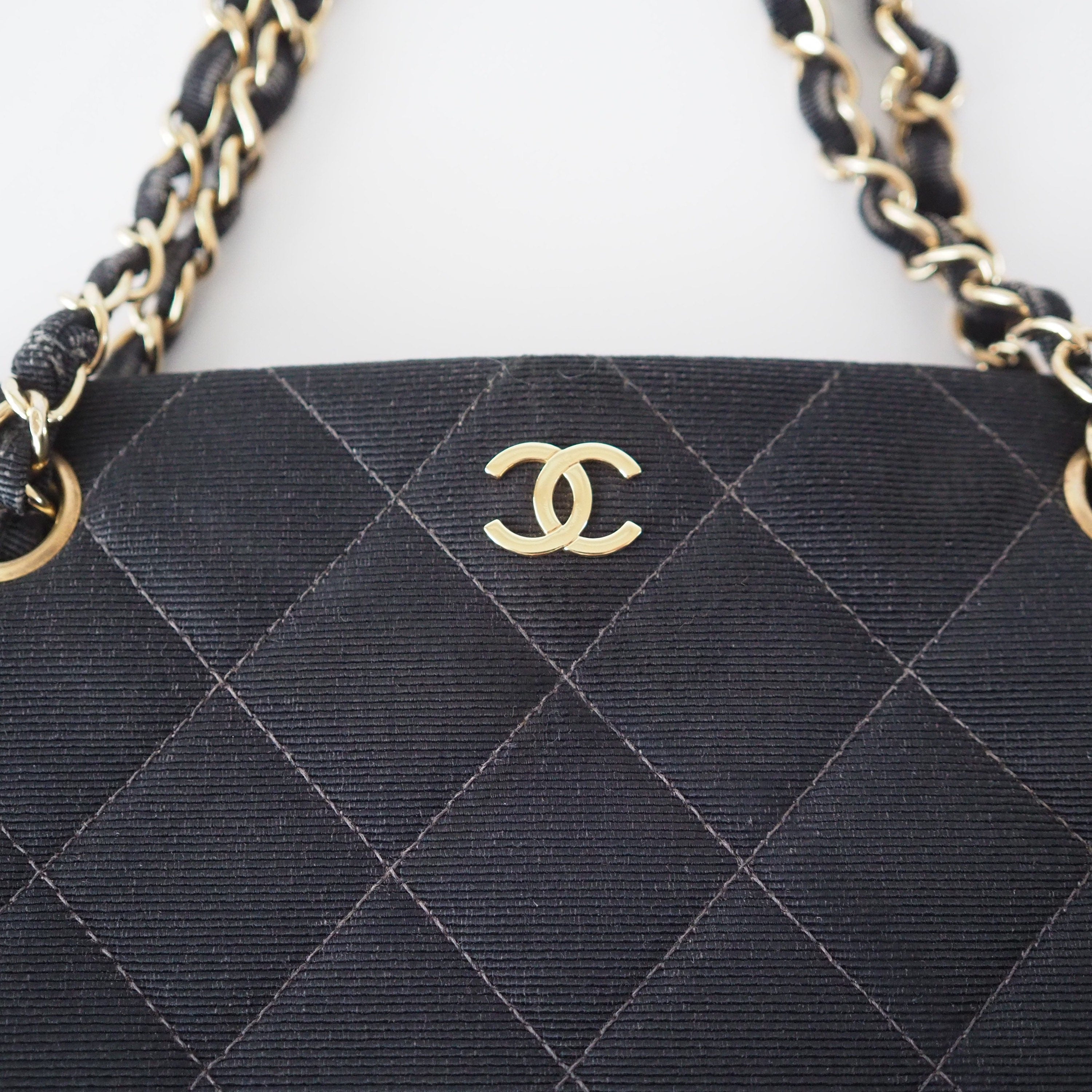 CHANEL Chain Shoulder Hand Bag Canvas Black Authentic Vintage