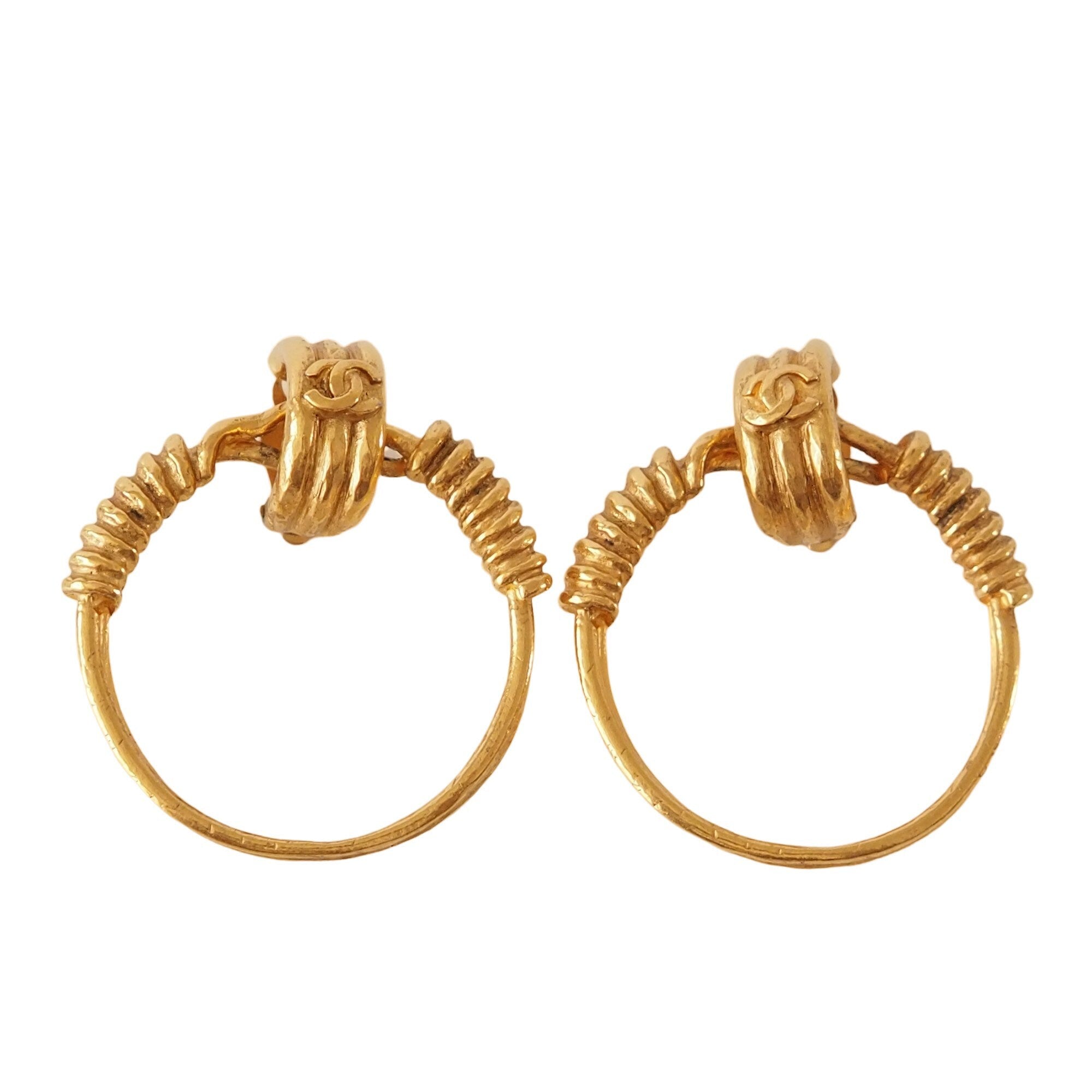 CHANEL Hoop Earrings Coco Mark Gold Metal Authentic