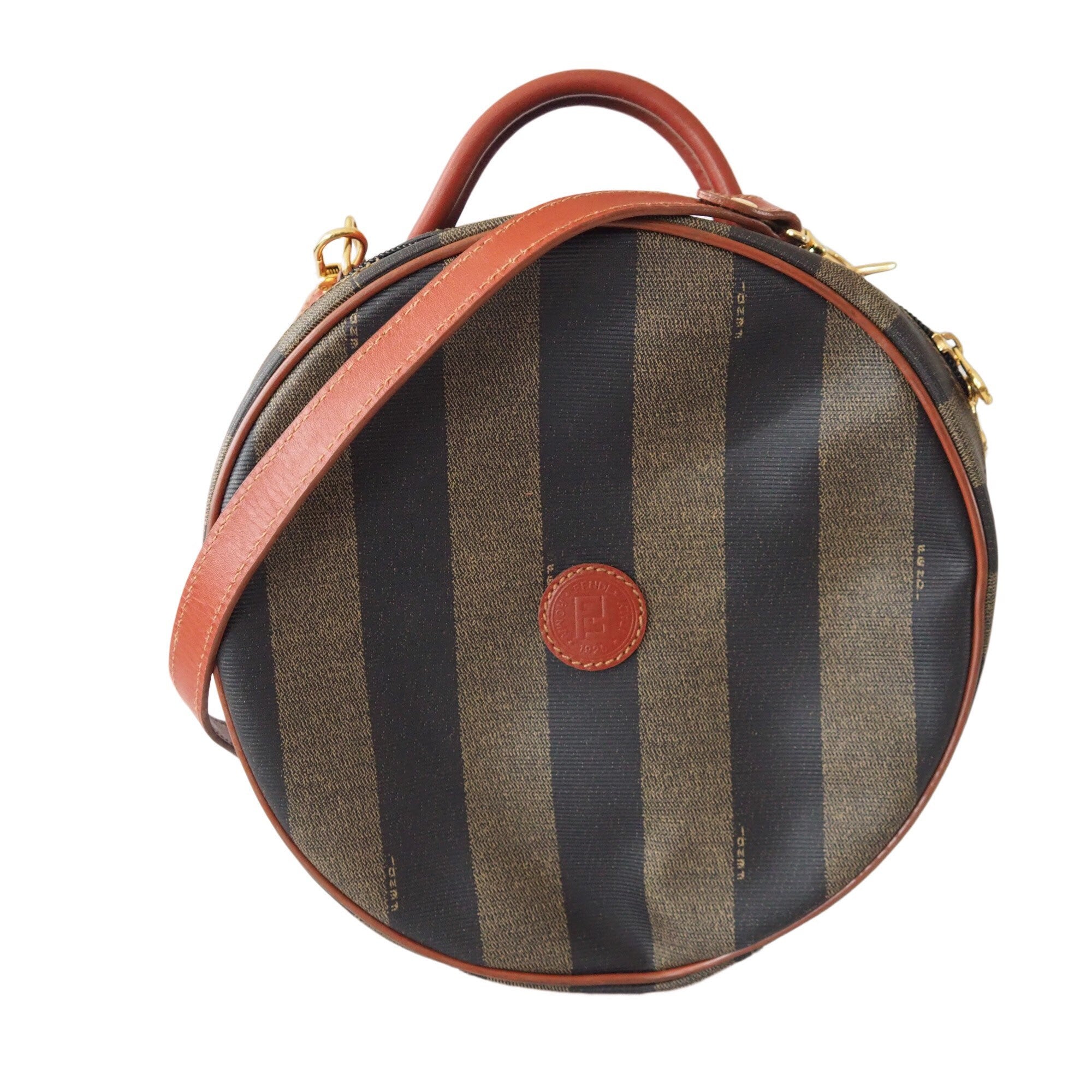FENDI Pequin Stripe 2way Shoulder Hand Bag Brown PVC Leather Vintage Auth Rare!