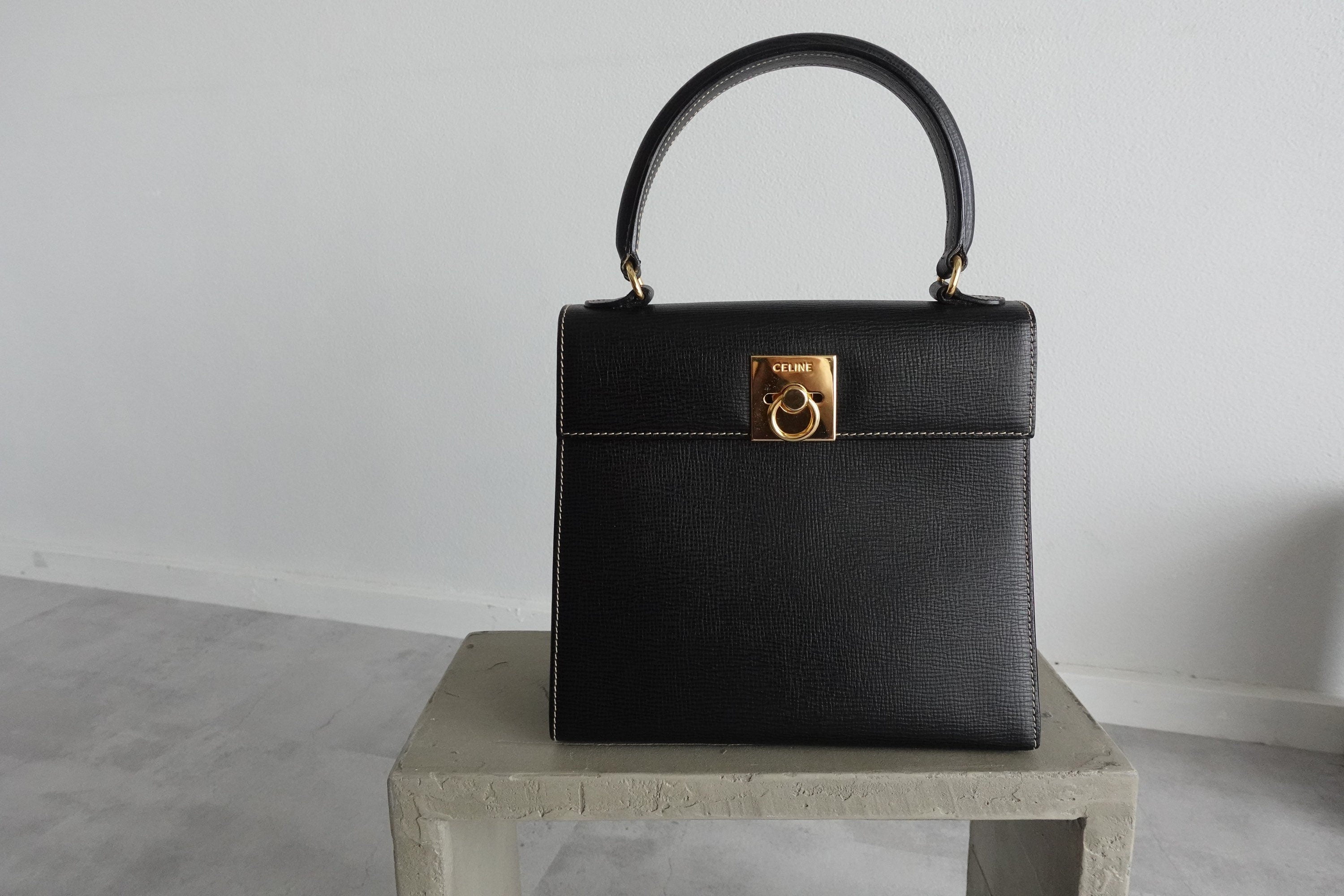 CELINE Kelly Hand Bag Black Leather Authentic Vintage