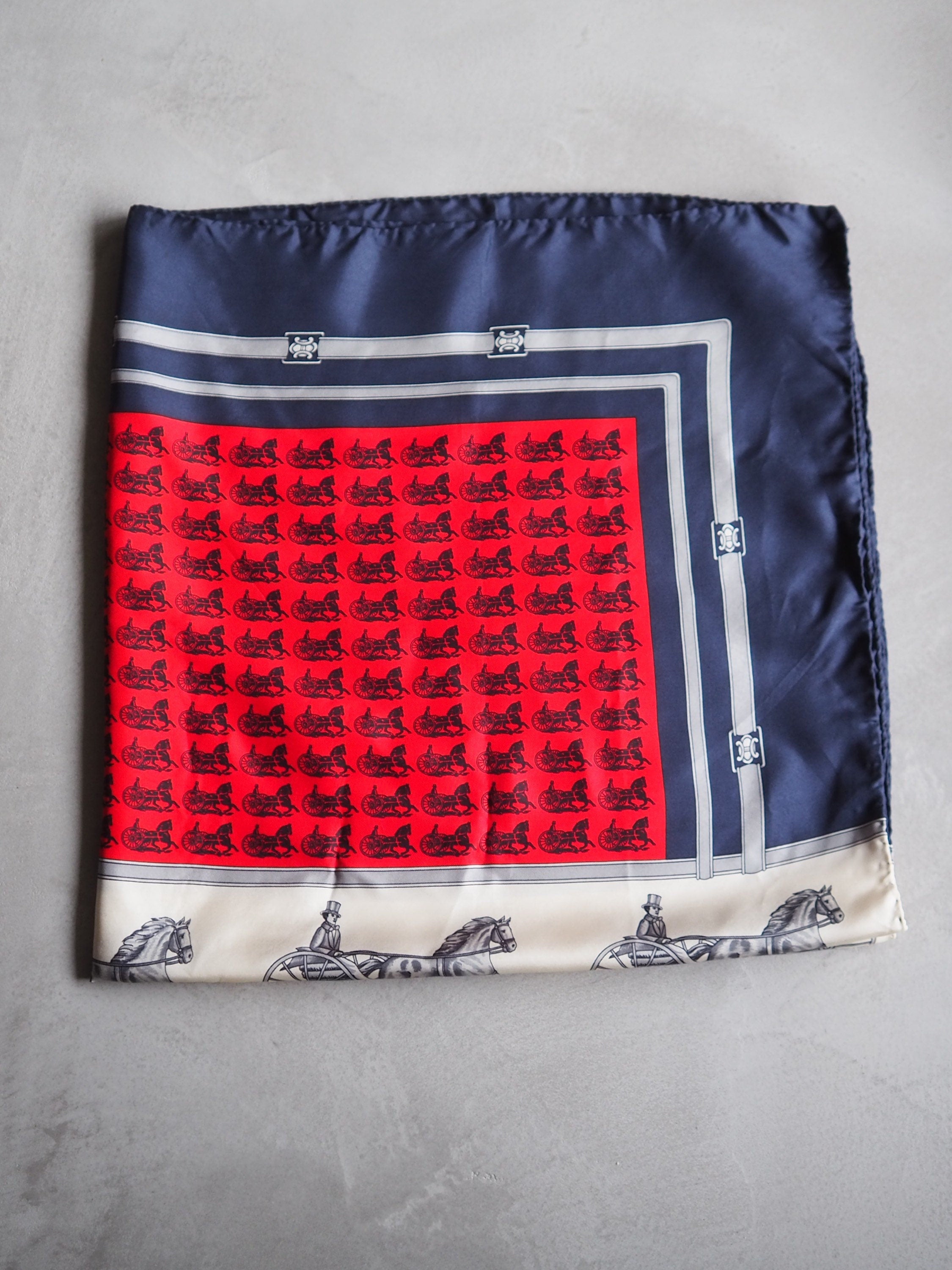 CELINE Macadam Carriage Scarf Silk 100% Navy Authentic