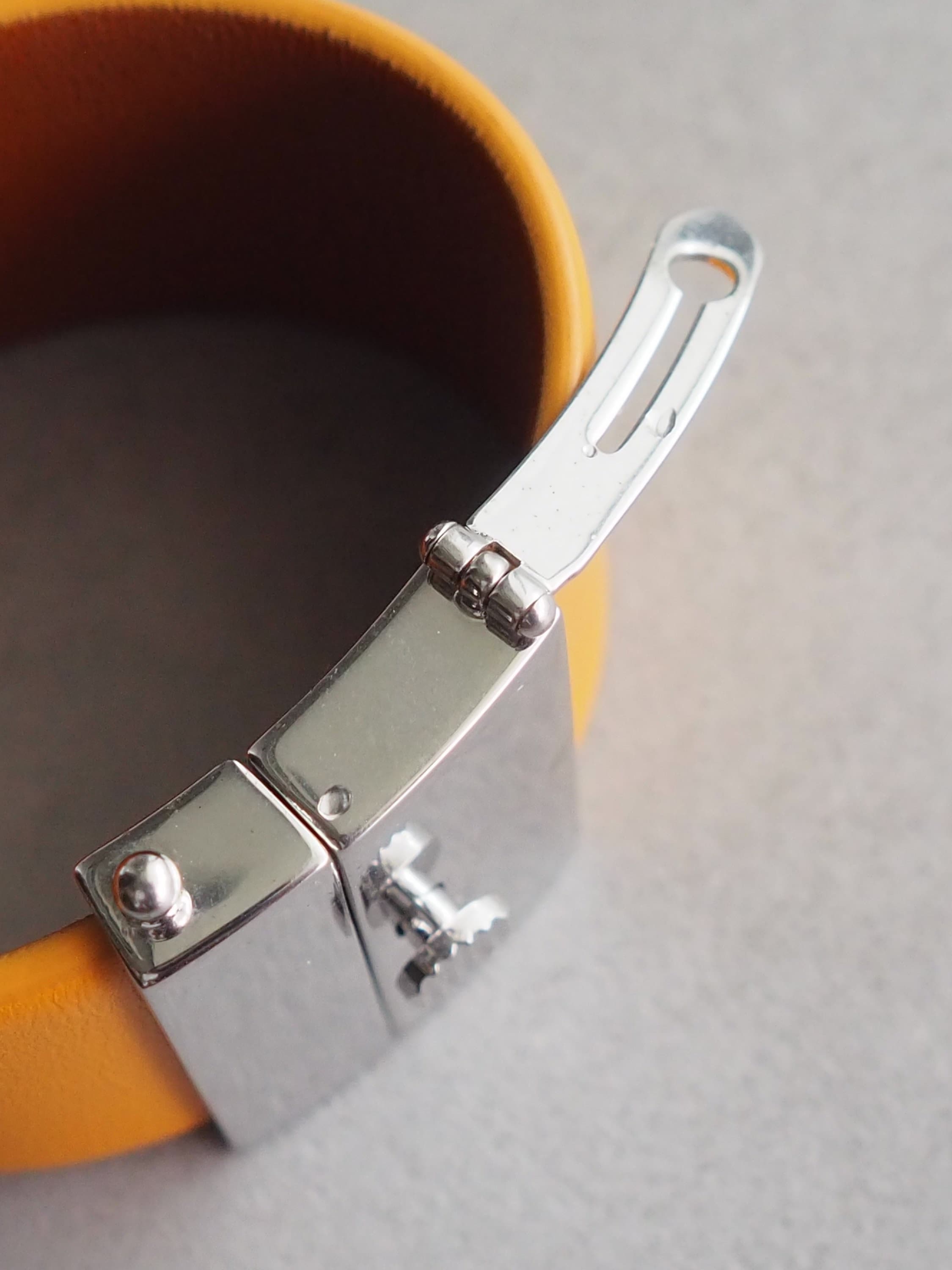 CELINE Bracelet Bangle Leather Yellow Silver Color Vintage Authentic