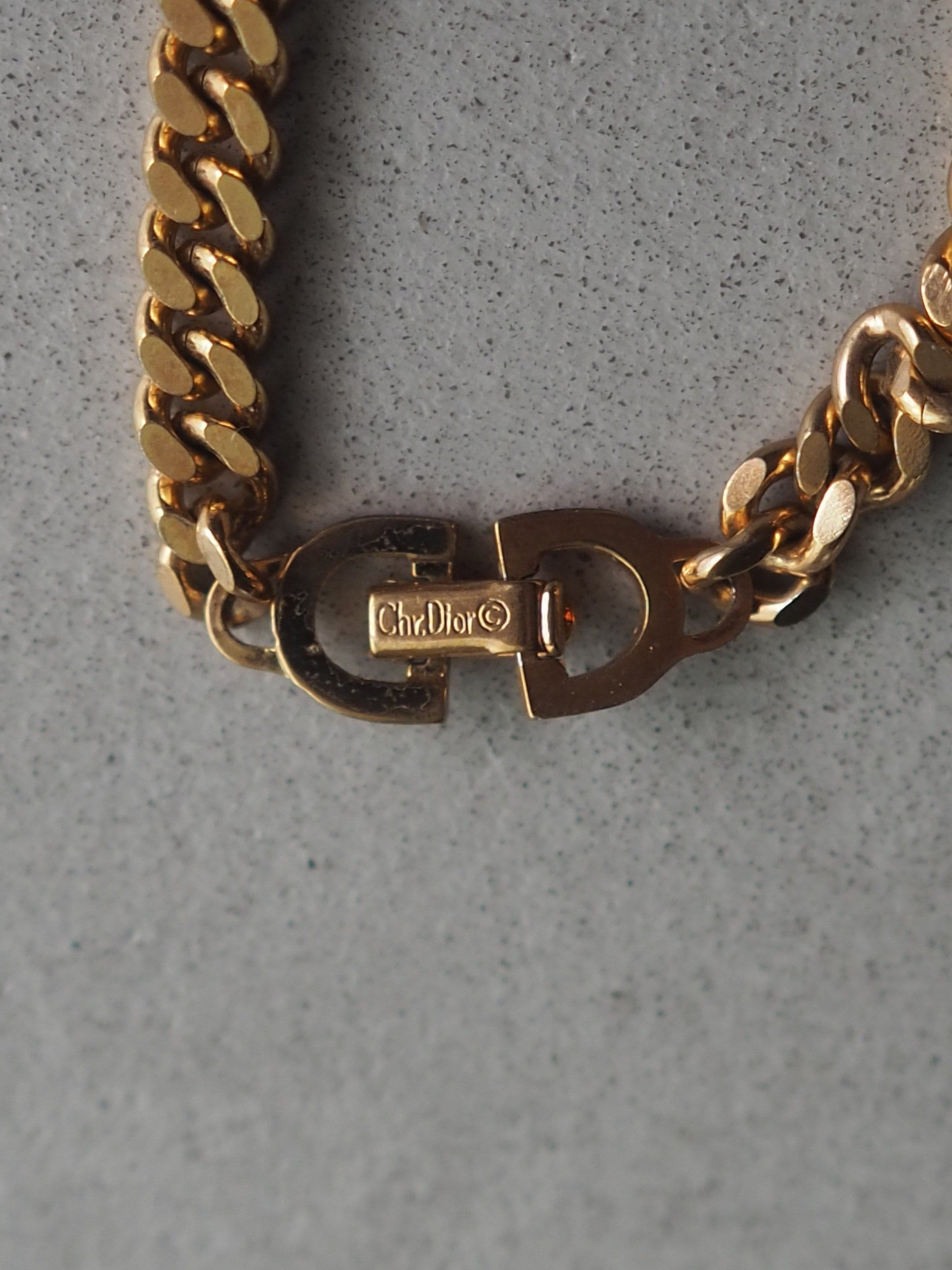 Christian Dior Long Necklace CD Logo Vintage Metal Gold Authentic