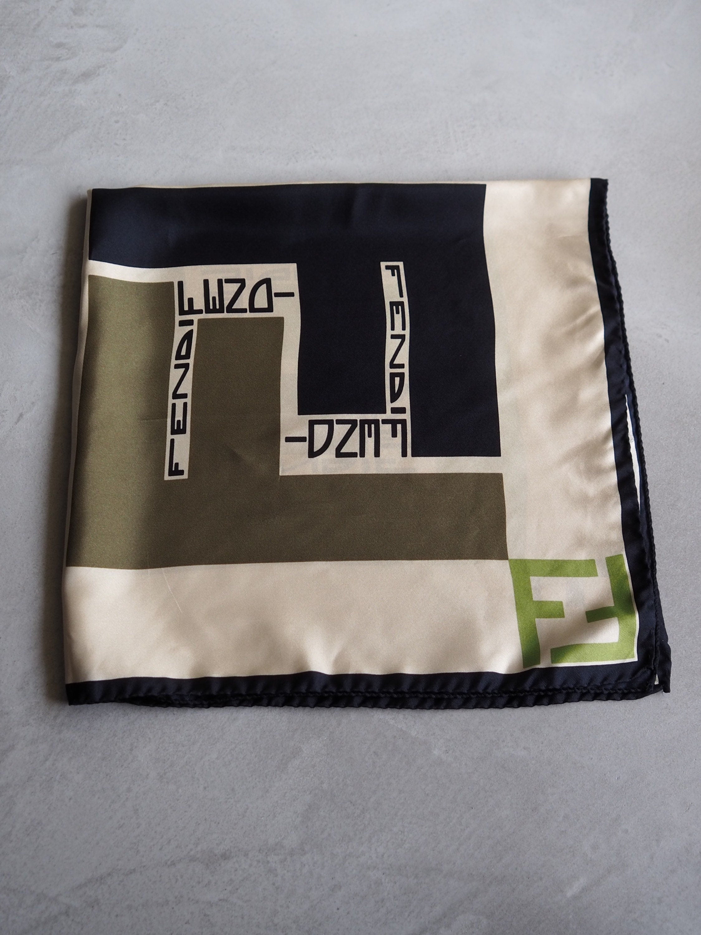 FENDI Zucca Logo Scarf Green Silk 100% Brown Beige Authentic