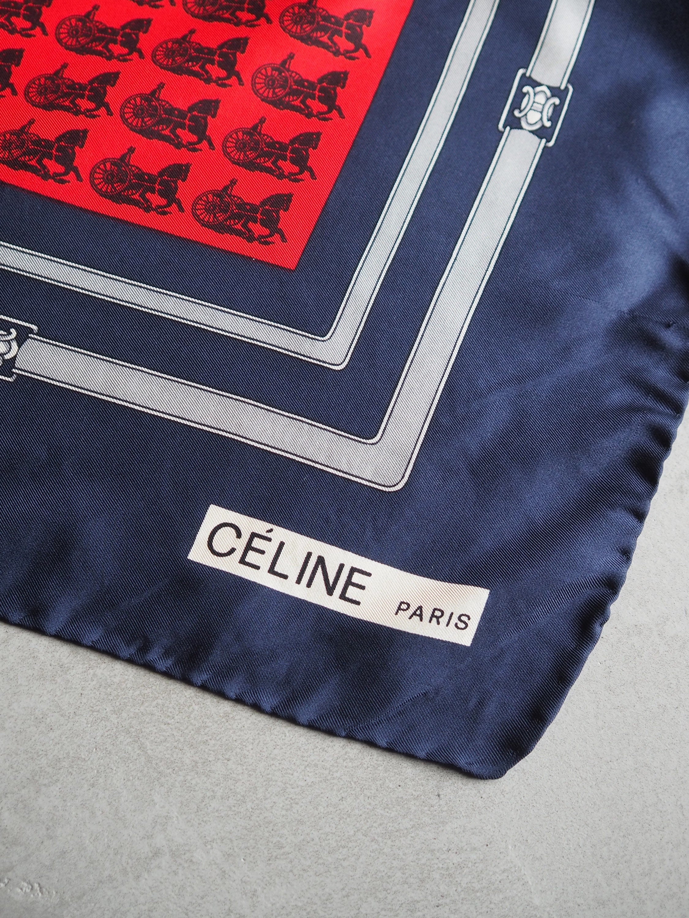 CELINE Macadam Carriage Scarf Silk 100% Navy Authentic