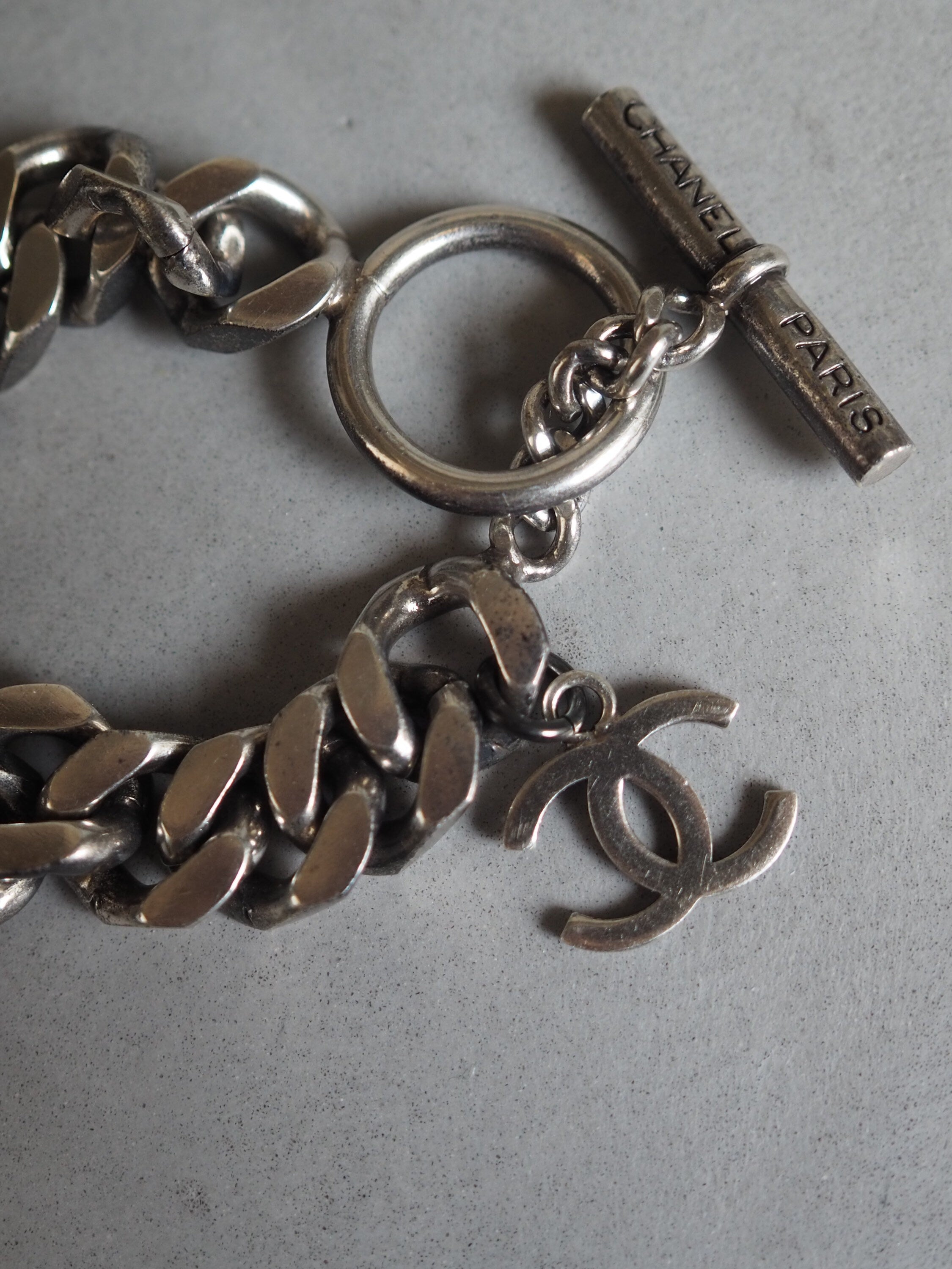 CHANEL Bracelet Chain COCO Logo Vintage Metallic Silver Color Authentic