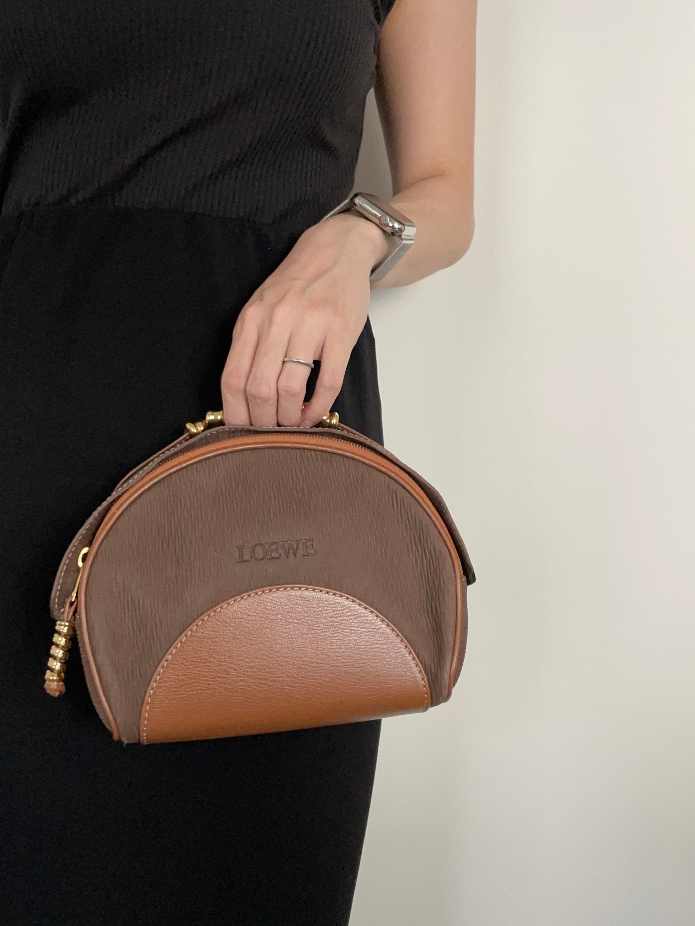 LOEWE VELAZQUEZ Vanity Pouch Handbag Brown Combi Leather Vintage Authentic