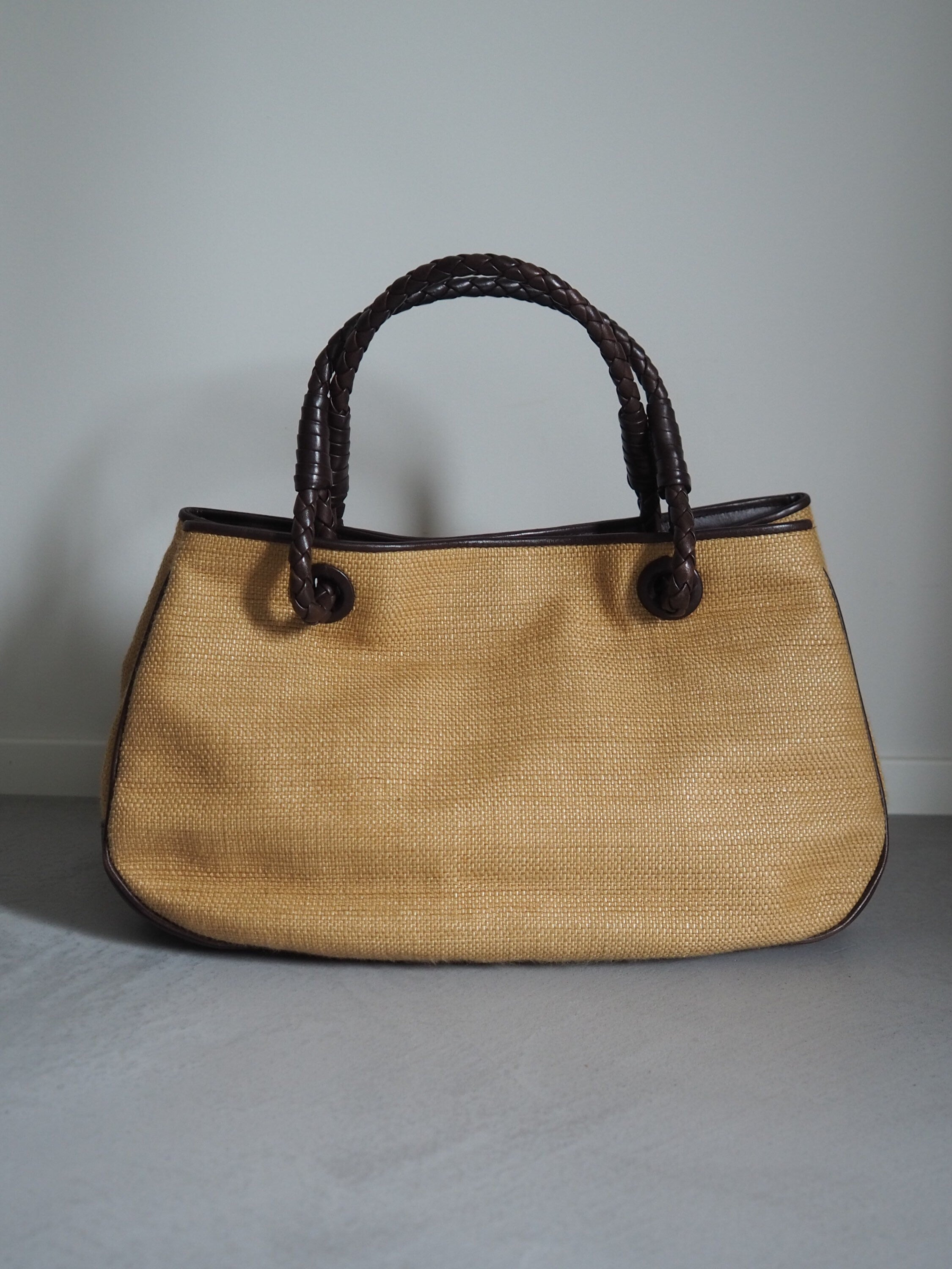BOTTEGA VENETA Intrecciato Straw Leather Handbag Brown Vintage Authentic