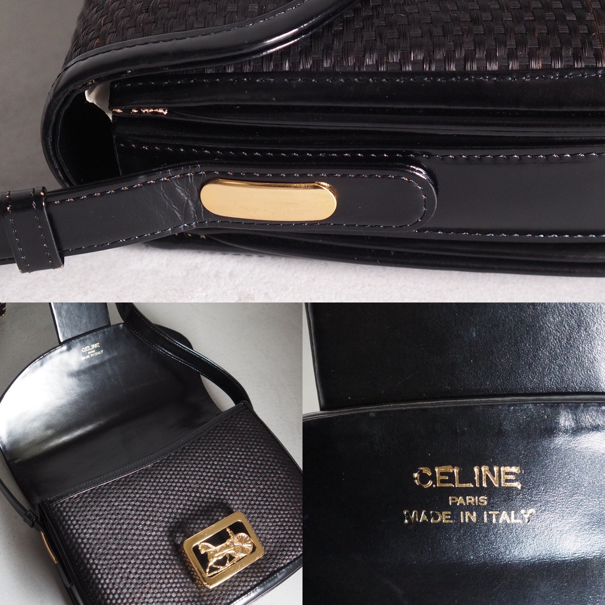 CELINE Sulky Metal Parts Flap Shoulder bag Rattan Leather Black Authentic