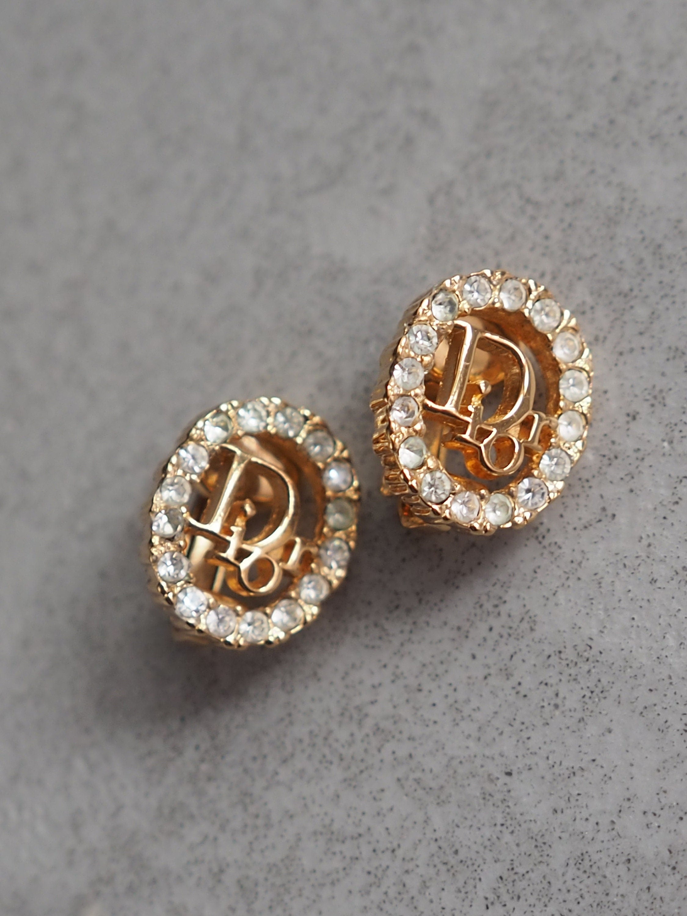 Christian Dior Earrings Rhinestone CD Logo Vintage Metal Gold Authentic