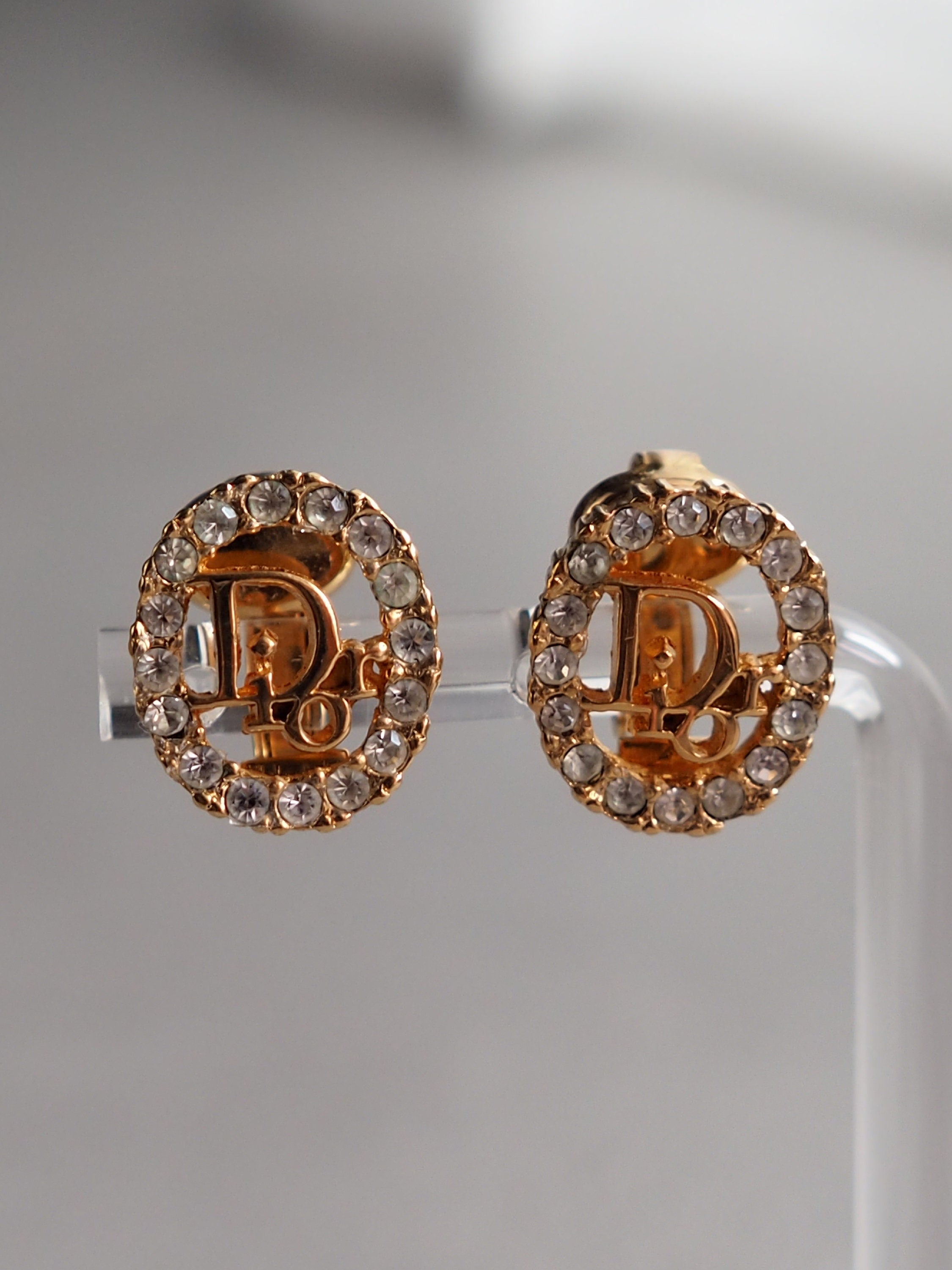 Christian Dior Earrings Rhinestone CD Logo Vintage Metal Gold Authentic