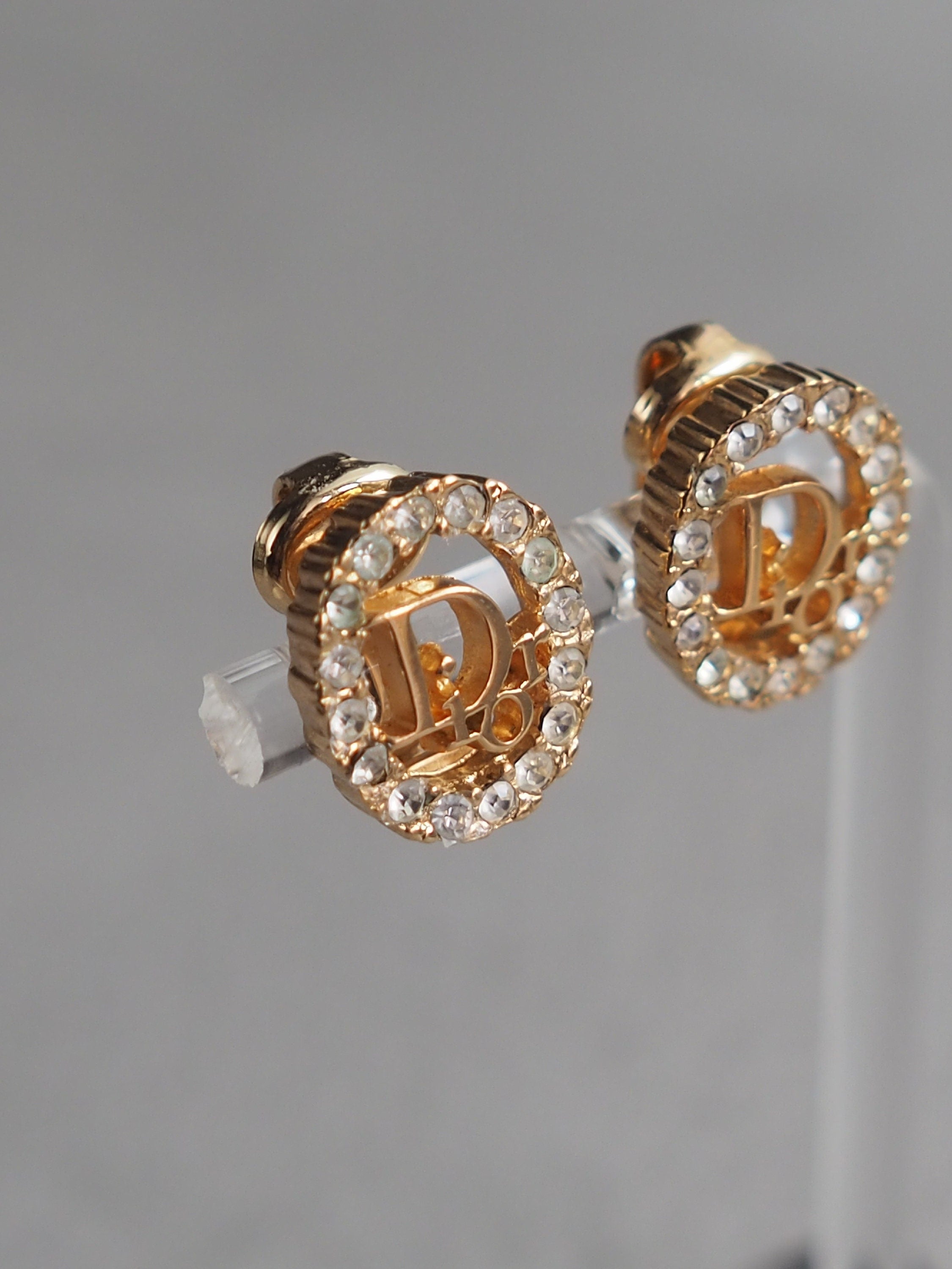 Christian Dior Earrings Rhinestone CD Logo Vintage Metal Gold Authentic