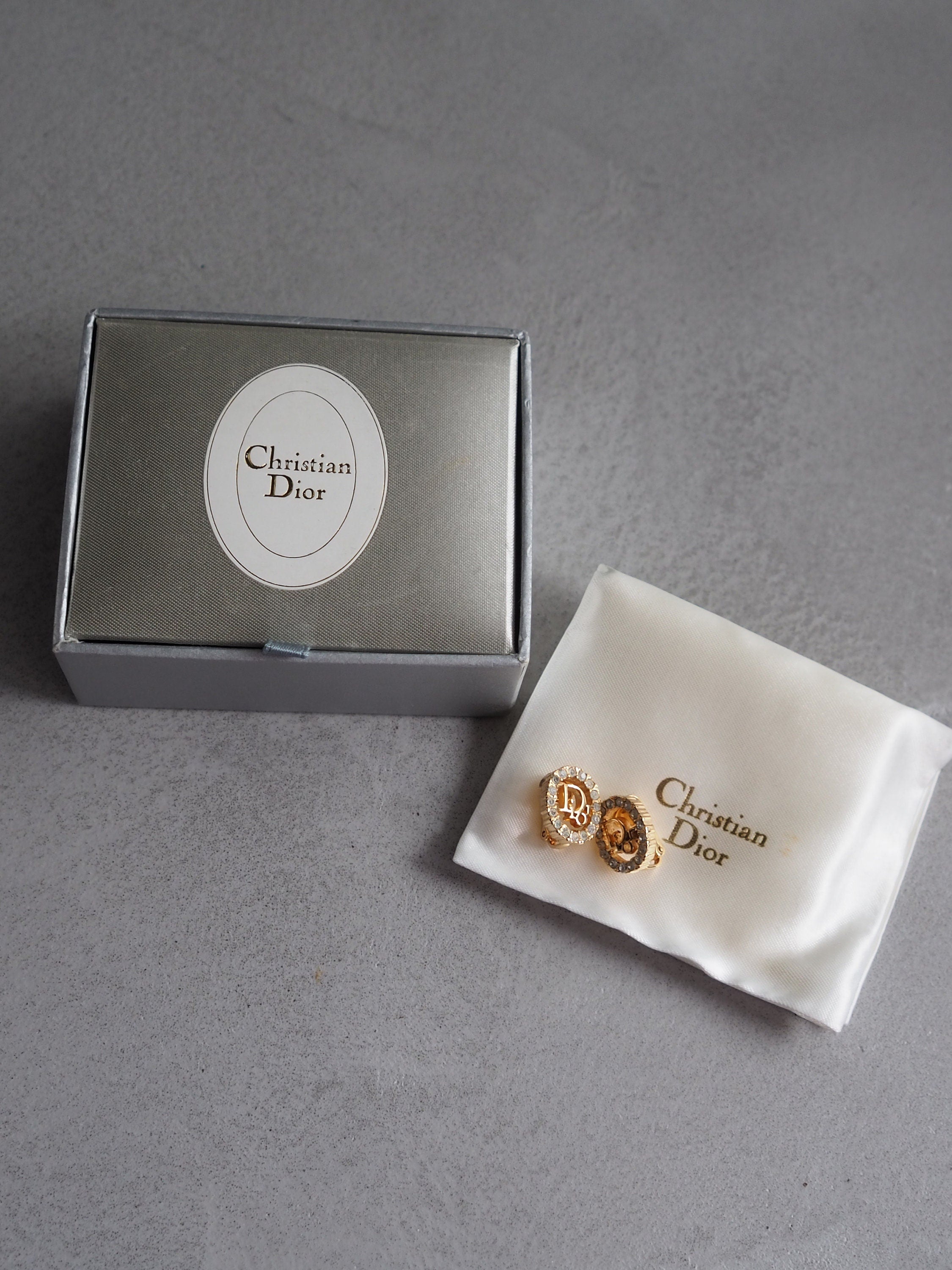 Christian Dior Earrings Rhinestone CD Logo Vintage Metal Gold Authentic