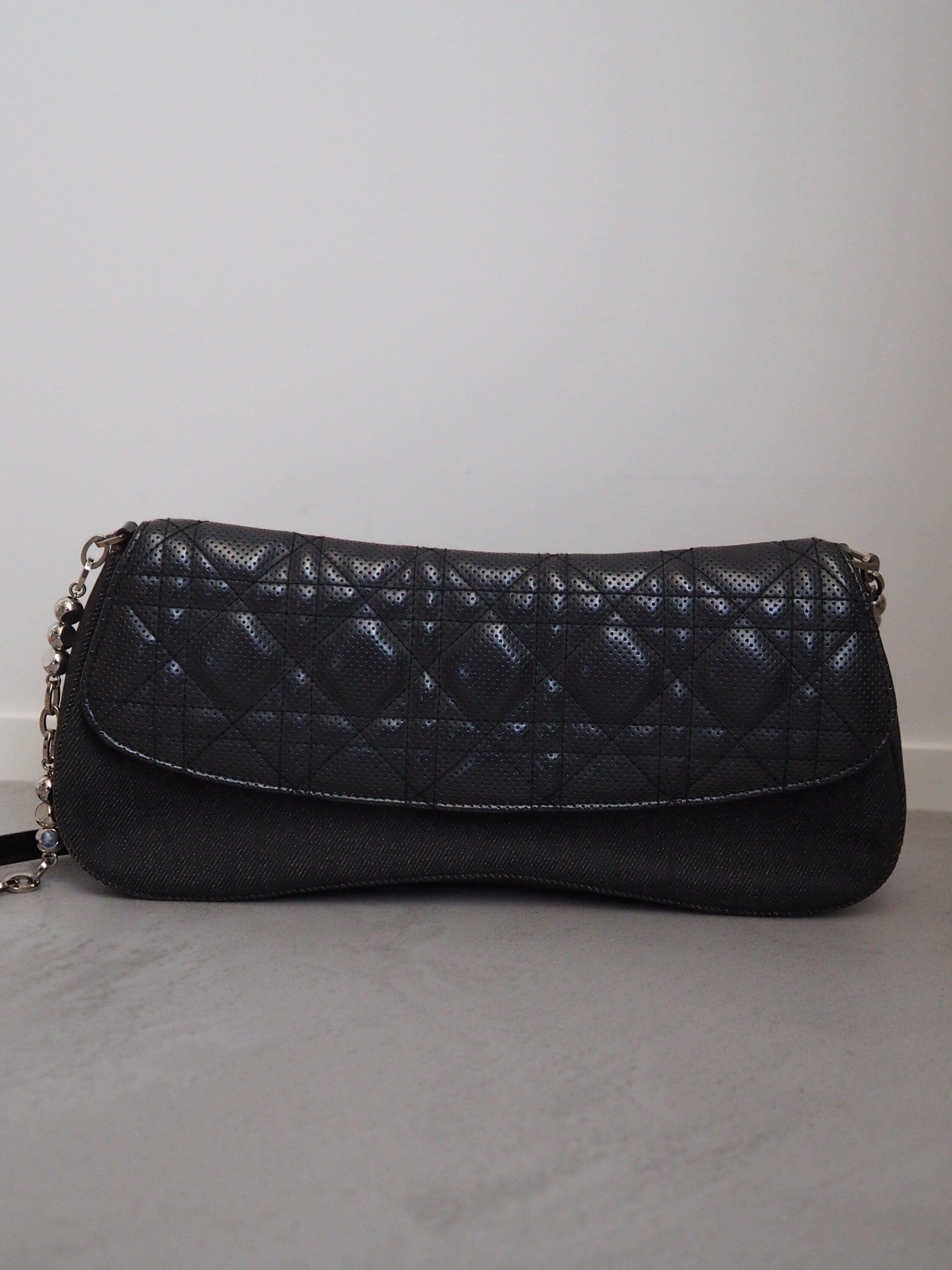 Christian Dior Lady Cannage Quilted Shoulder Bag Denim Black Authentic