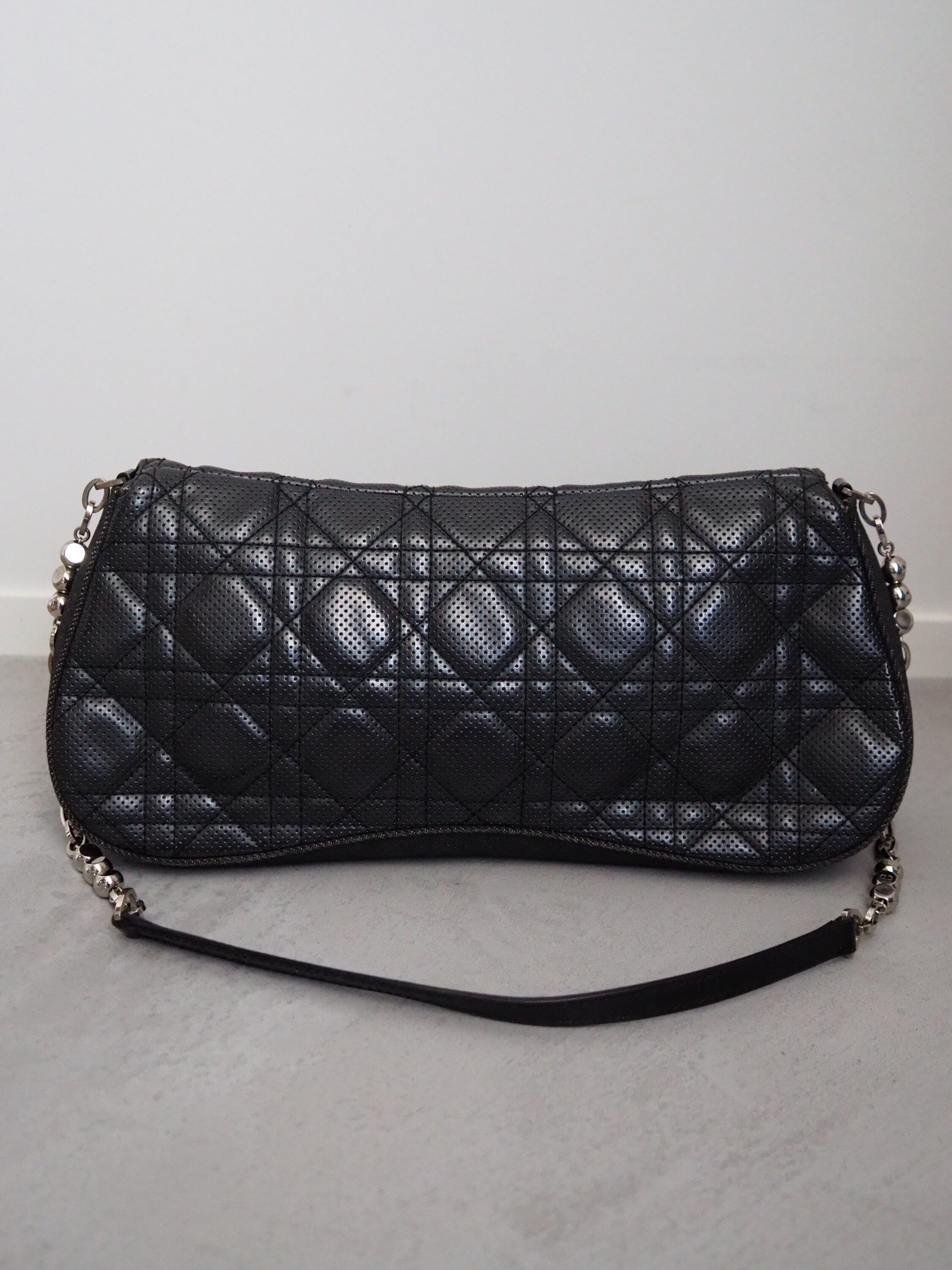 Christian Dior Lady Cannage Quilted Shoulder Bag Denim Black Authentic