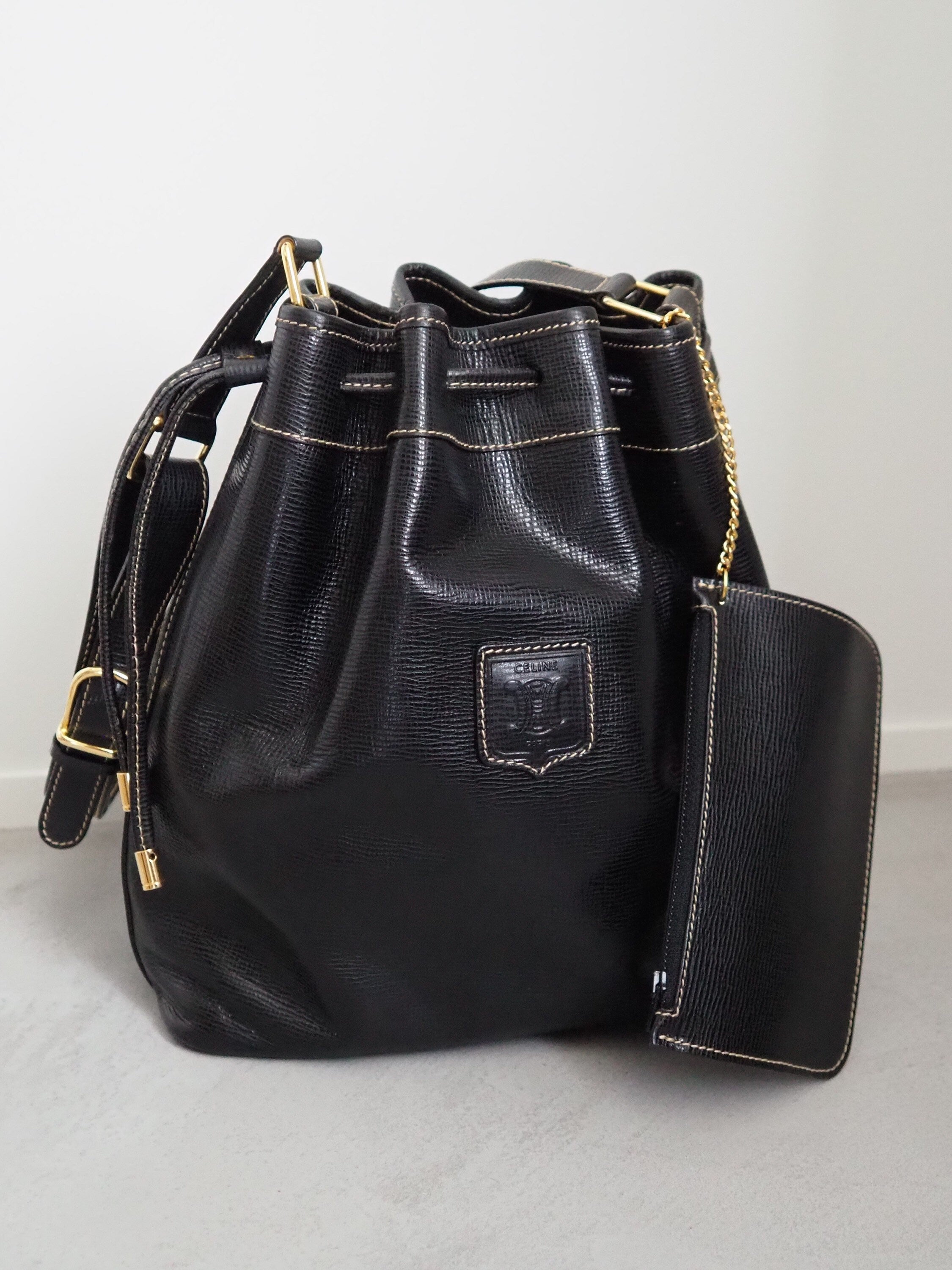 CELINE Drawstring Bucket Shoulder Bag Black Leather Authentic Vintage
