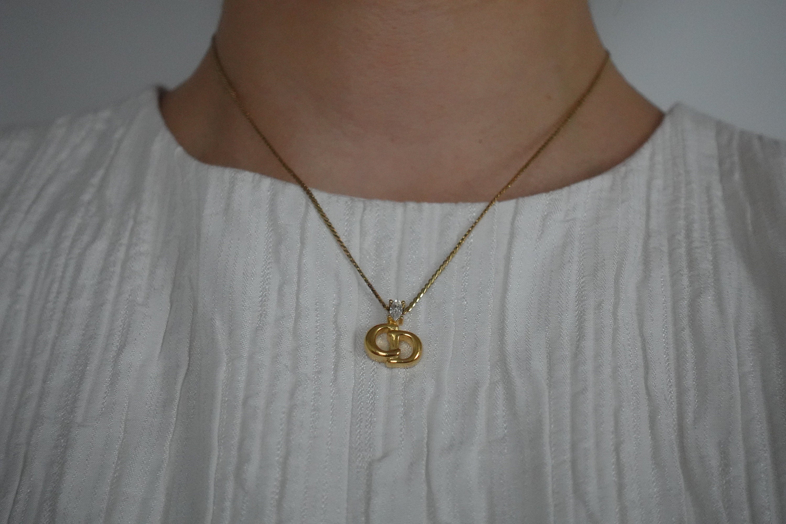 Christian Dior Necklace CD Logo Vintage Metal Gold Authentic