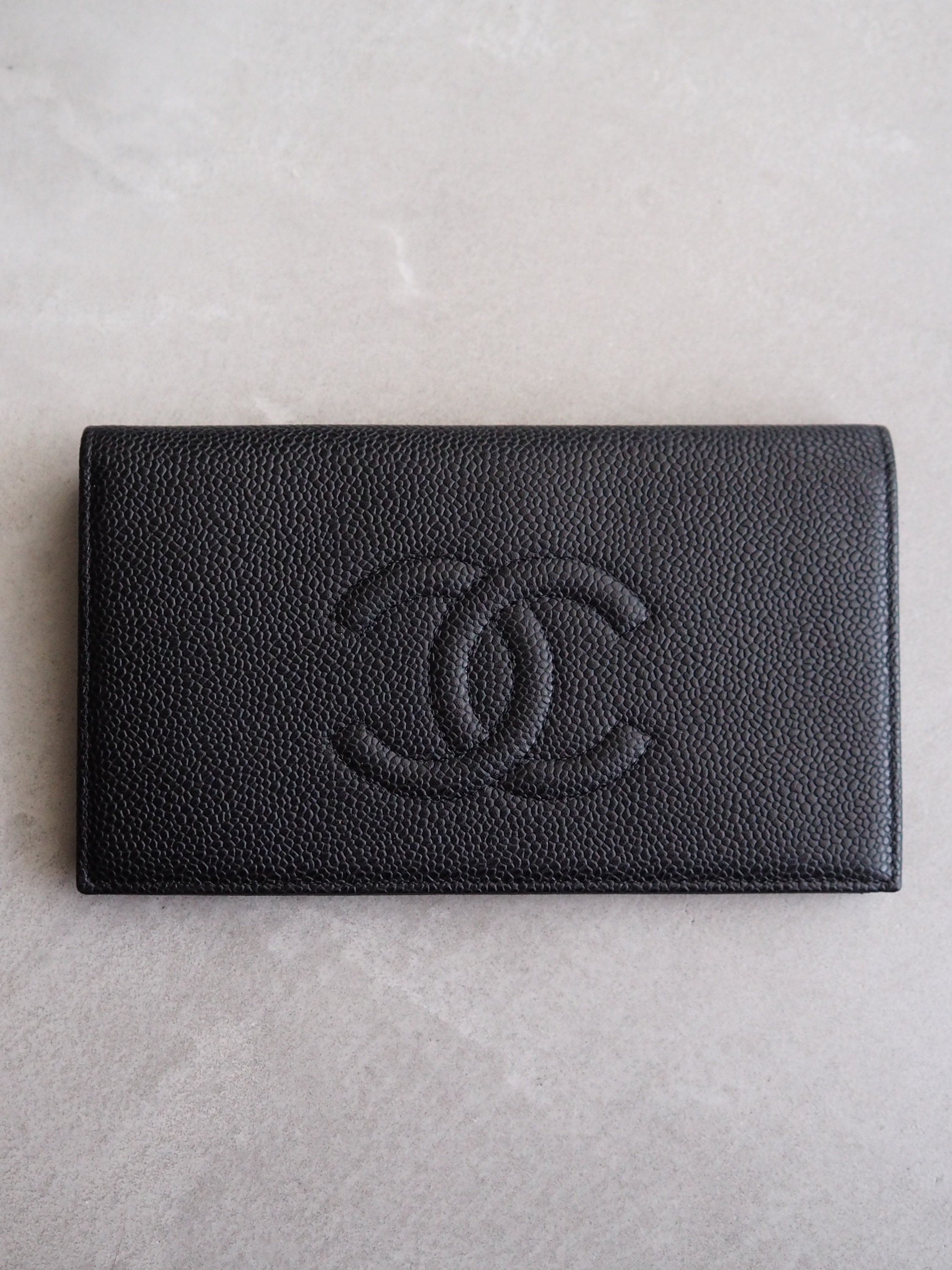 CHANEL COCO Long Wallet Purse Caviar Skin Leather Black Authentic Vintage Box