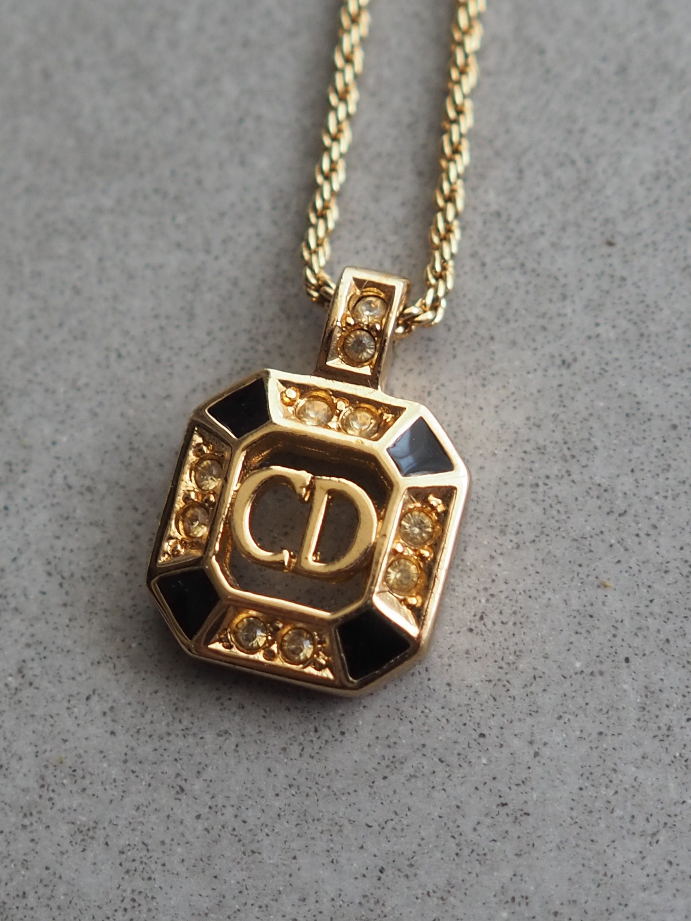 Christian Dior Necklace CD Logo Rhinestone Vintage Metal Gold Black Authentic