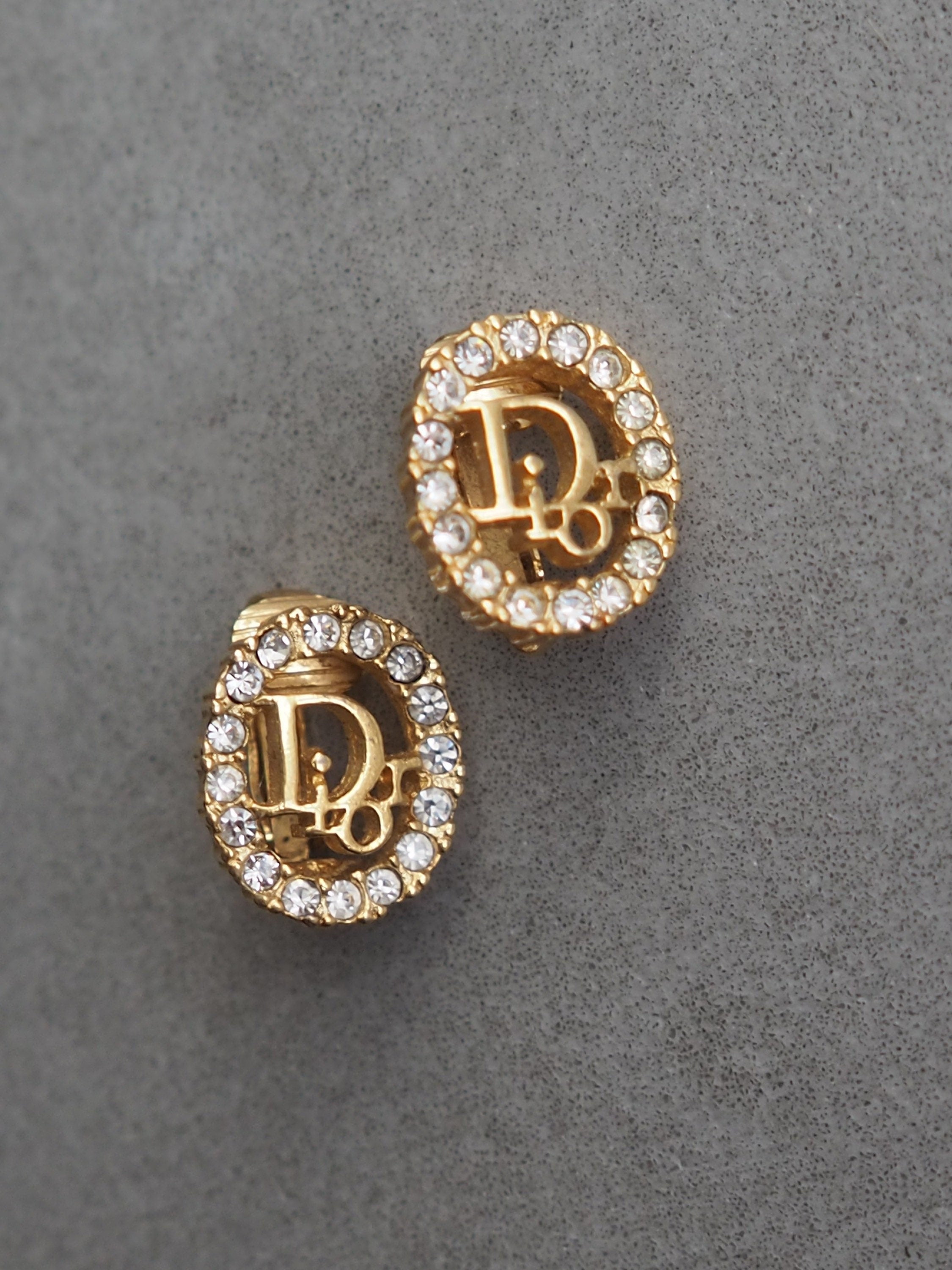 Christian Dior Earrings Rhinestone CD Logo Vintage Metal Gold Authentic