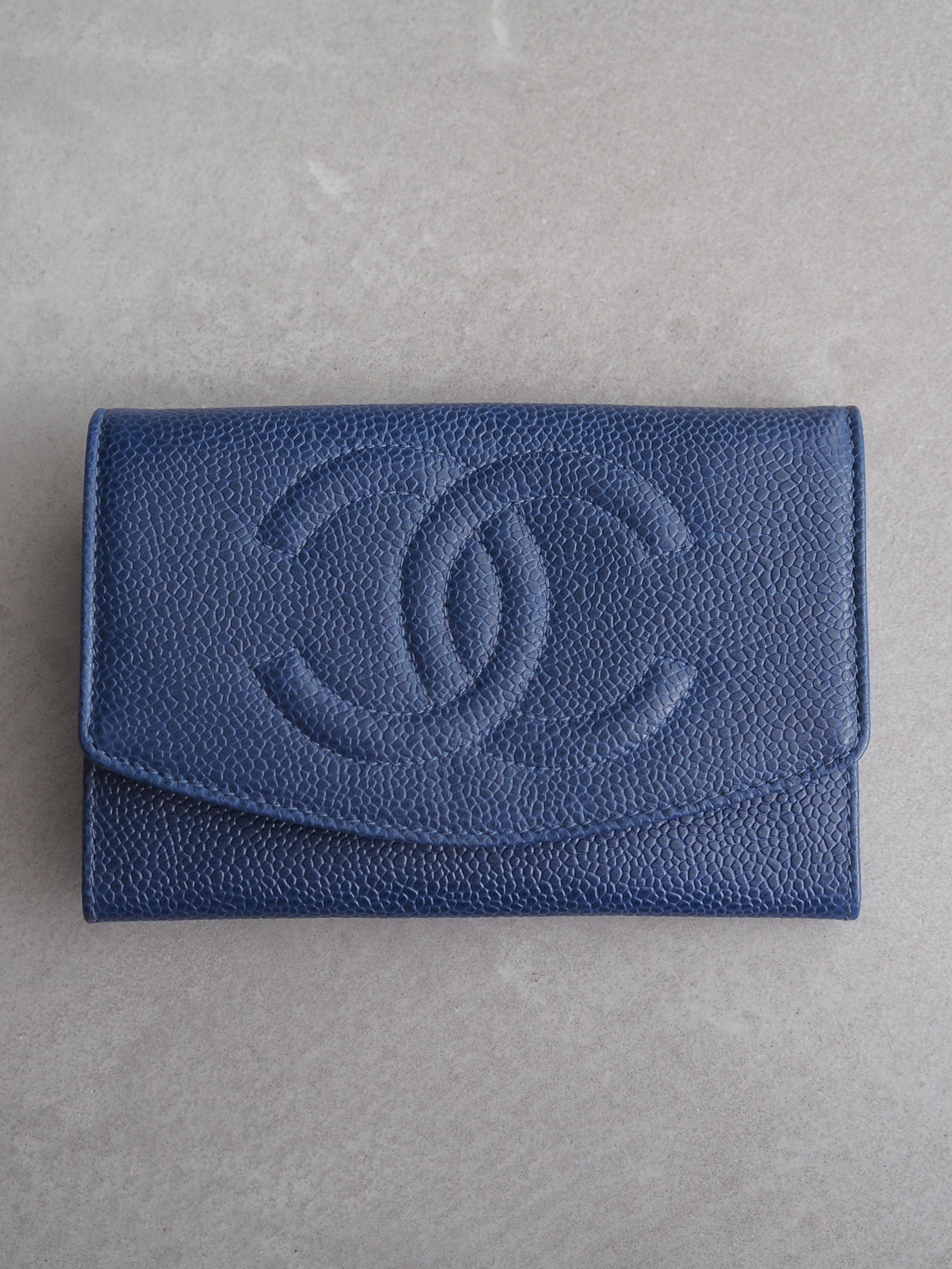 CHANEL COCO Wallet Purse Compact Caviar Skin Leather Blue Authentic Vintage Box
