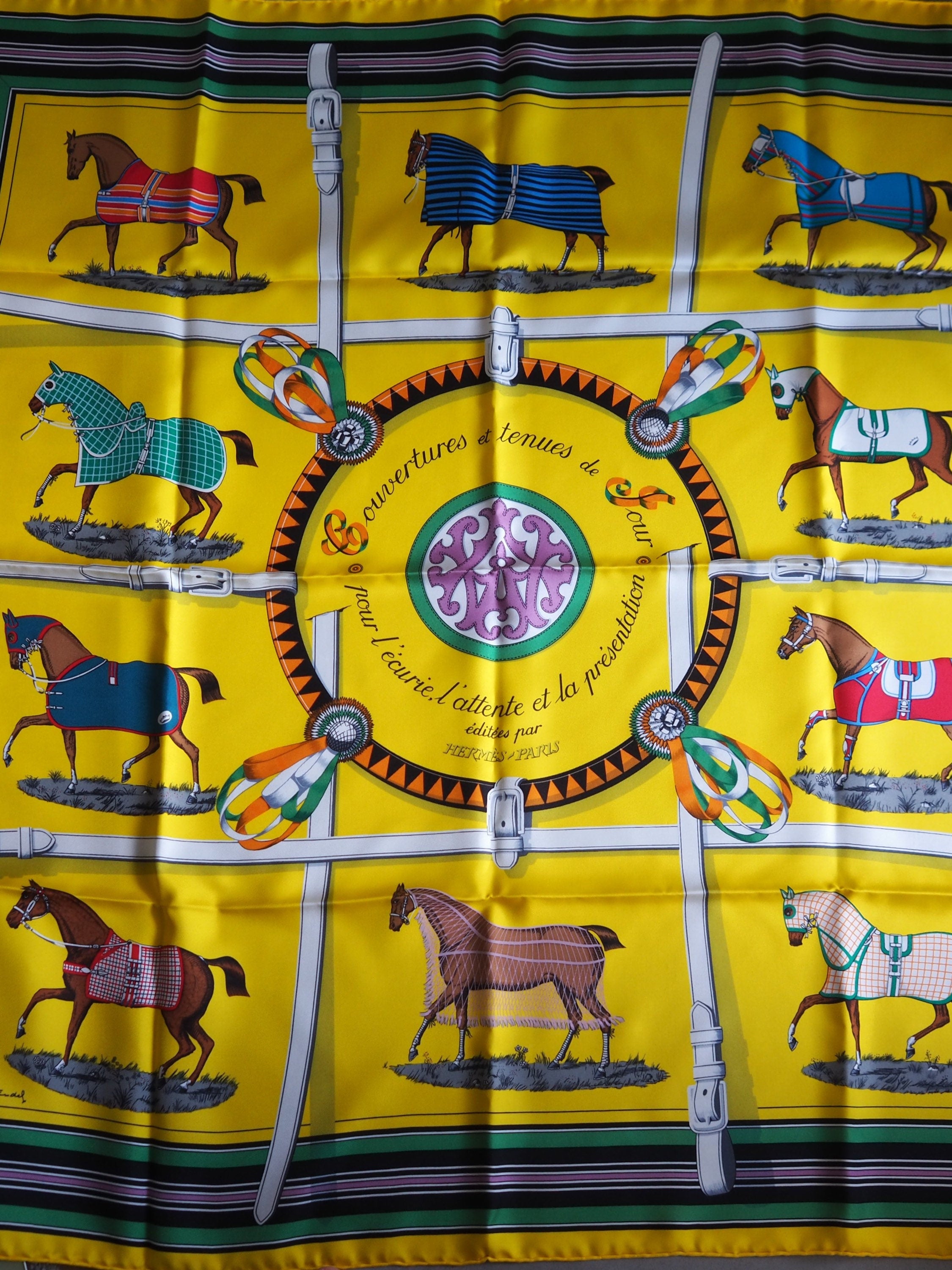 HERMES Scarf Carre 90 " Couvertures et Tenues de Jour " Silk Yellow Vintage Authentic