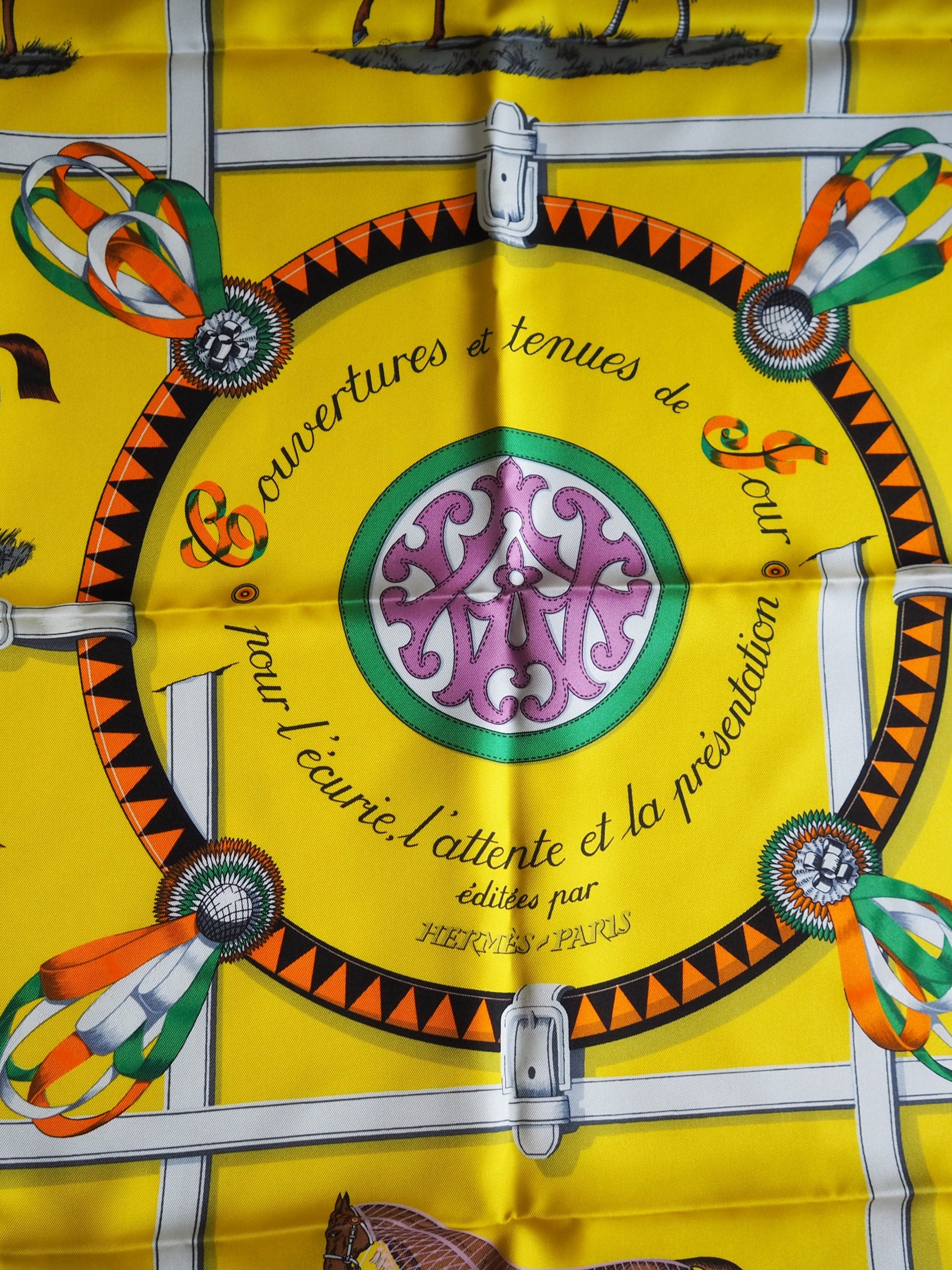 HERMES Scarf Carre 90 " Couvertures et Tenues de Jour " Silk Yellow Vintage Authentic