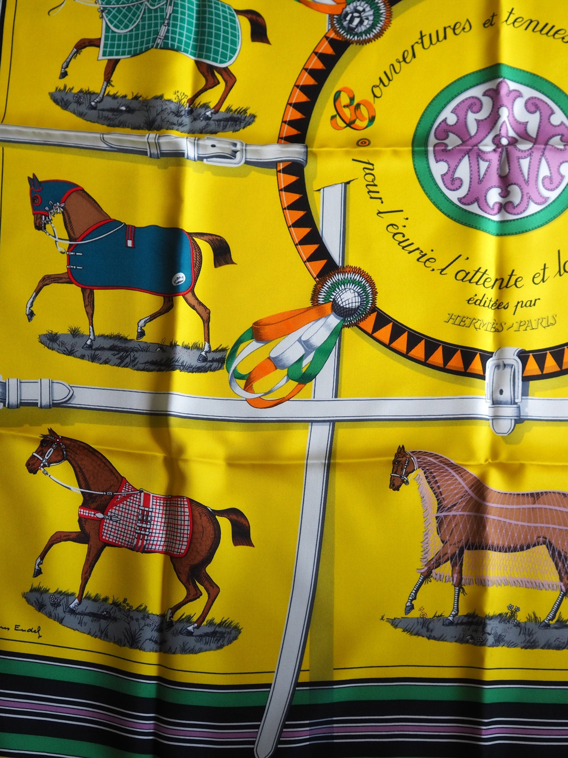 HERMES Scarf Carre 90 " Couvertures et Tenues de Jour " Silk Yellow Vintage Authentic