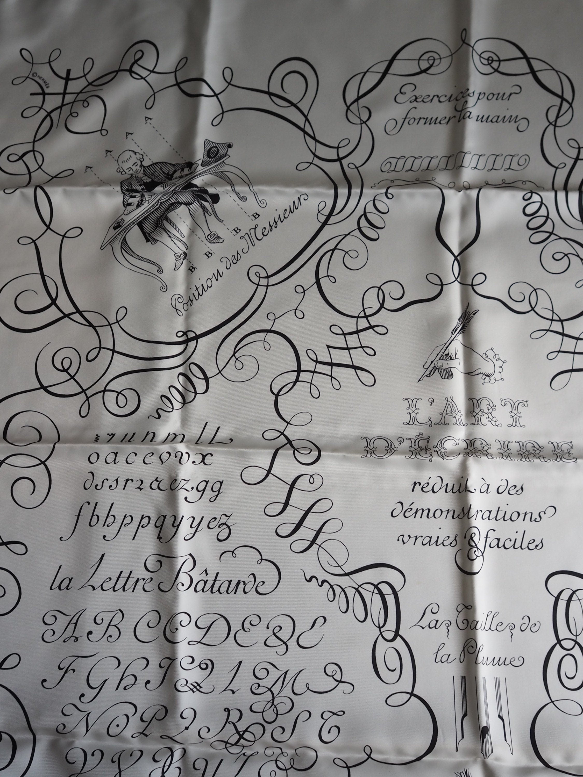 HERMES Scarf Carre 90 " L’art d’Ecrire "  Silk Black White Vintage Authentic