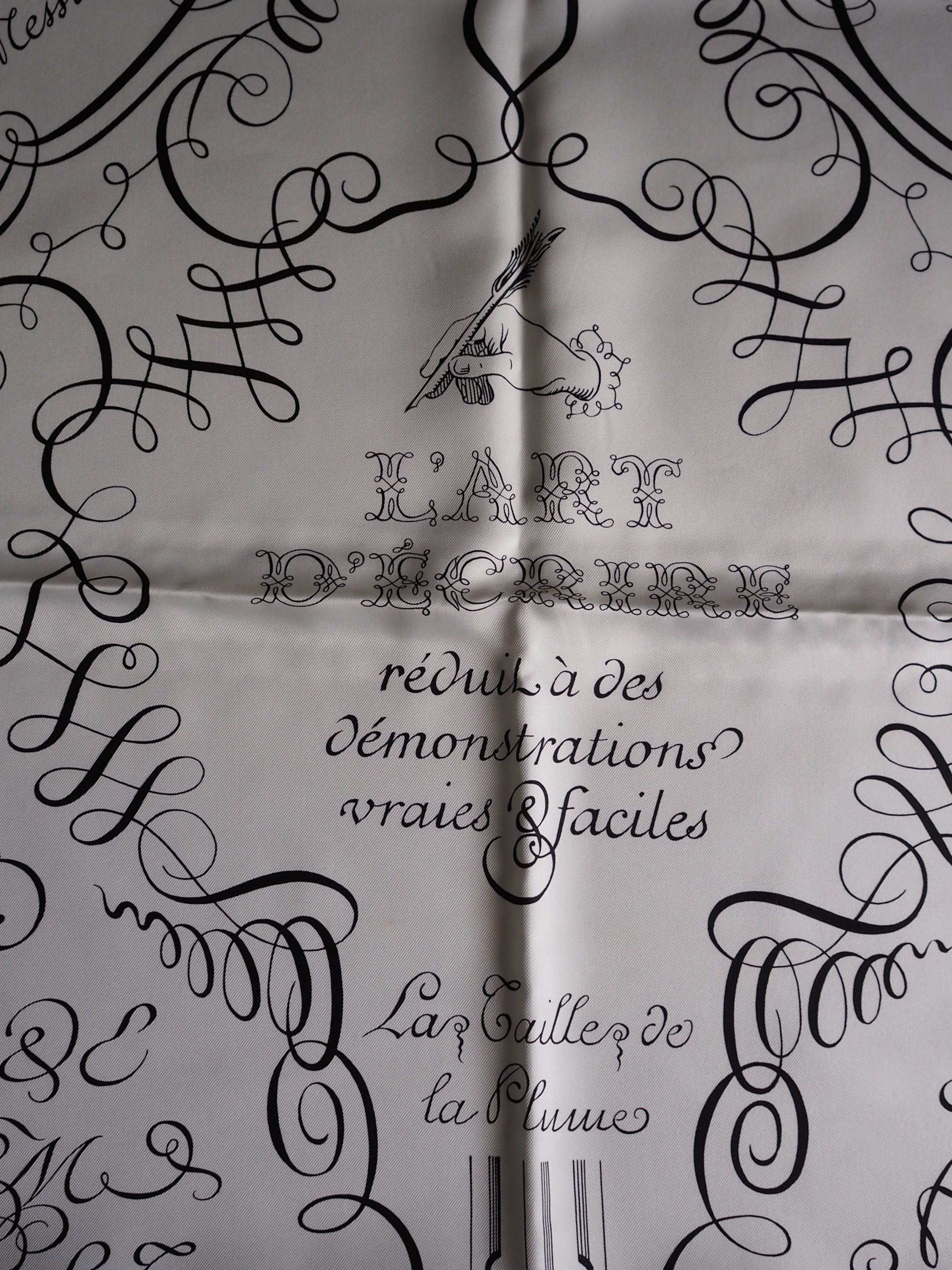 HERMES Scarf Carre 90 " L’art d’Ecrire "  Silk Black White Vintage Authentic