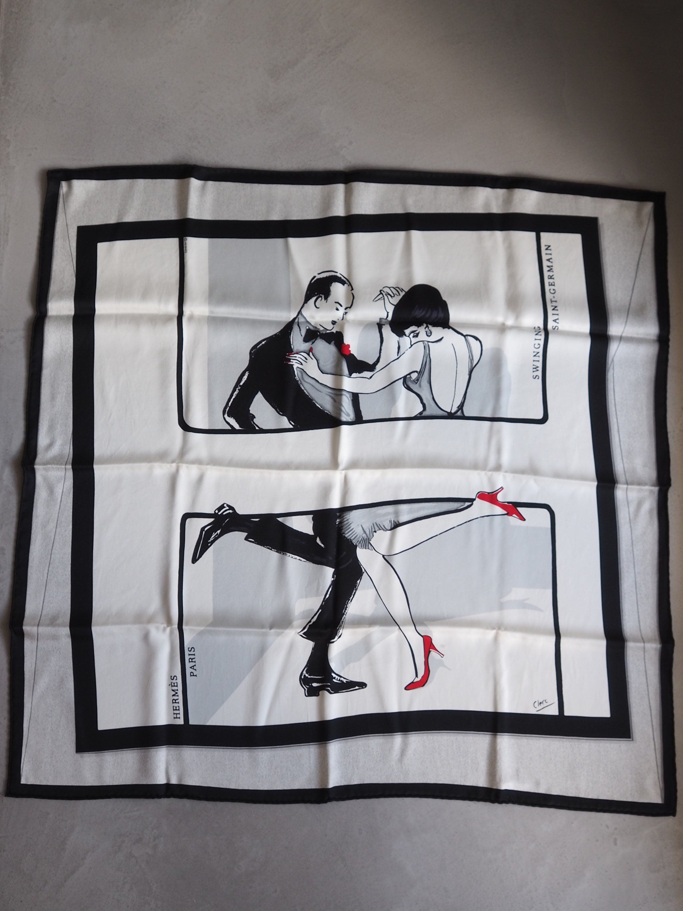 HERMES Scarf Carre 70 " Swinging Saint-Germain "  Silk Black White Vintage Authentic