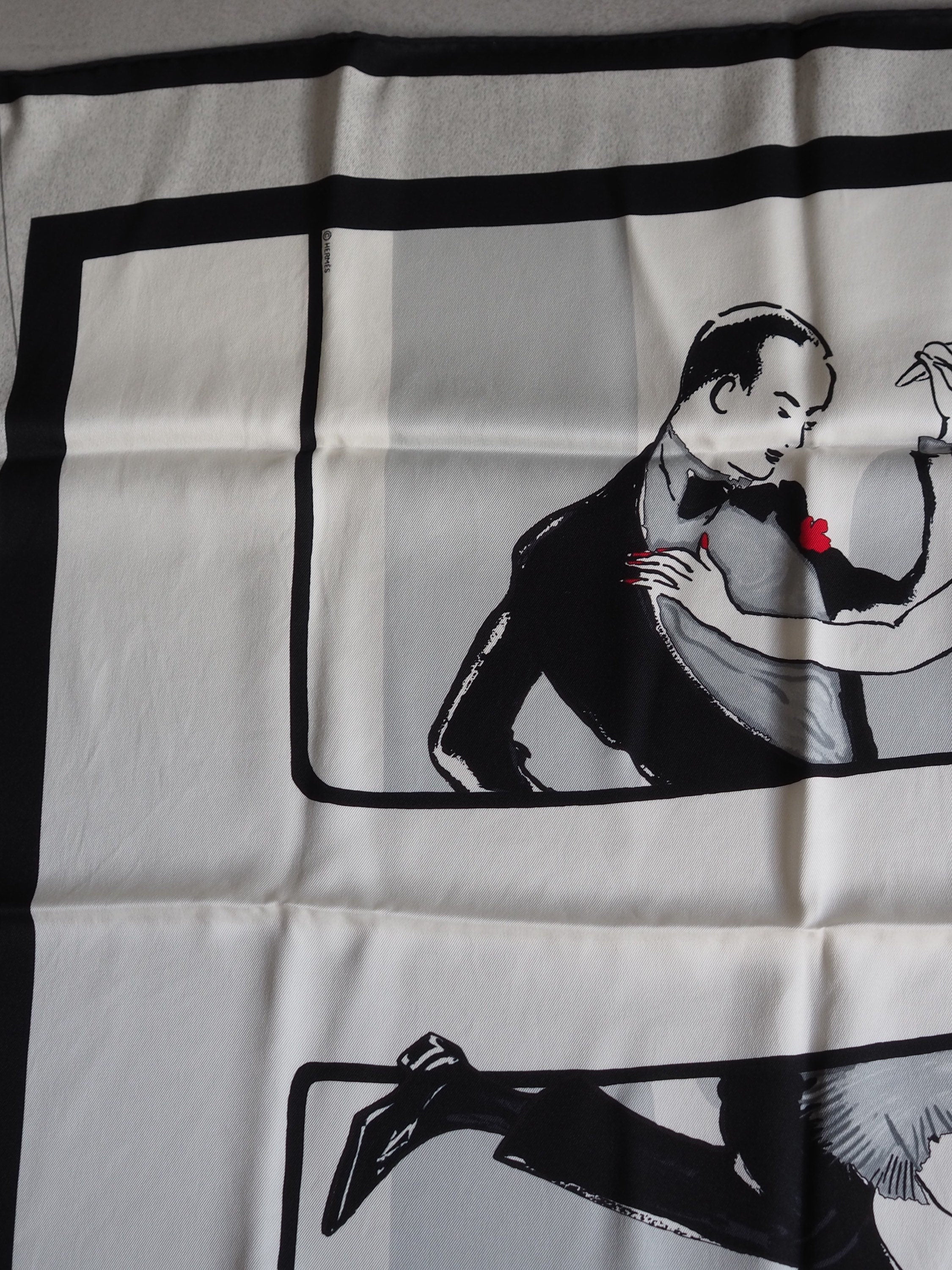 HERMES Scarf Carre 70 " Swinging Saint-Germain "  Silk Black White Vintage Authentic