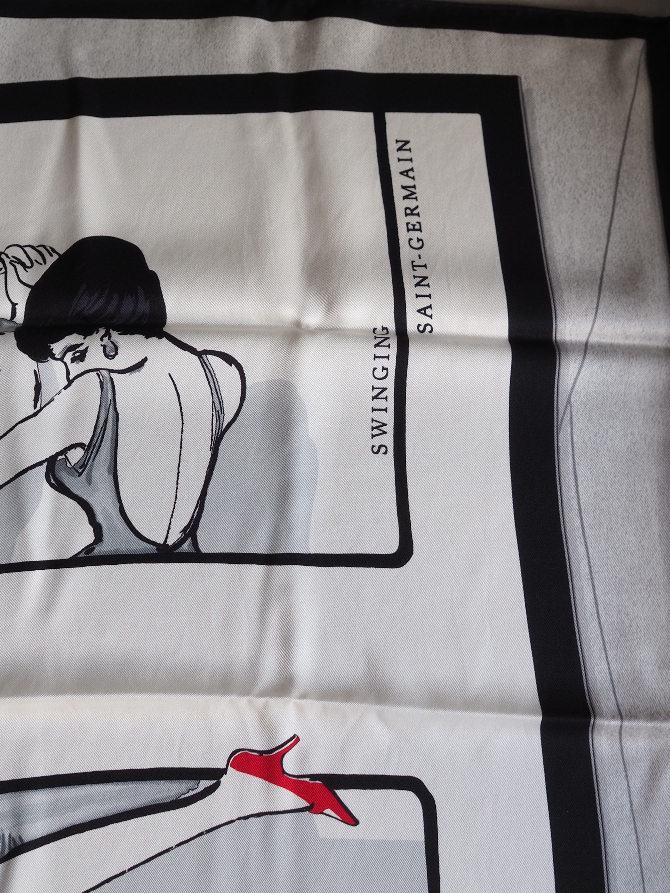 HERMES Scarf Carre 70 " Swinging Saint-Germain "  Silk Black White Vintage Authentic