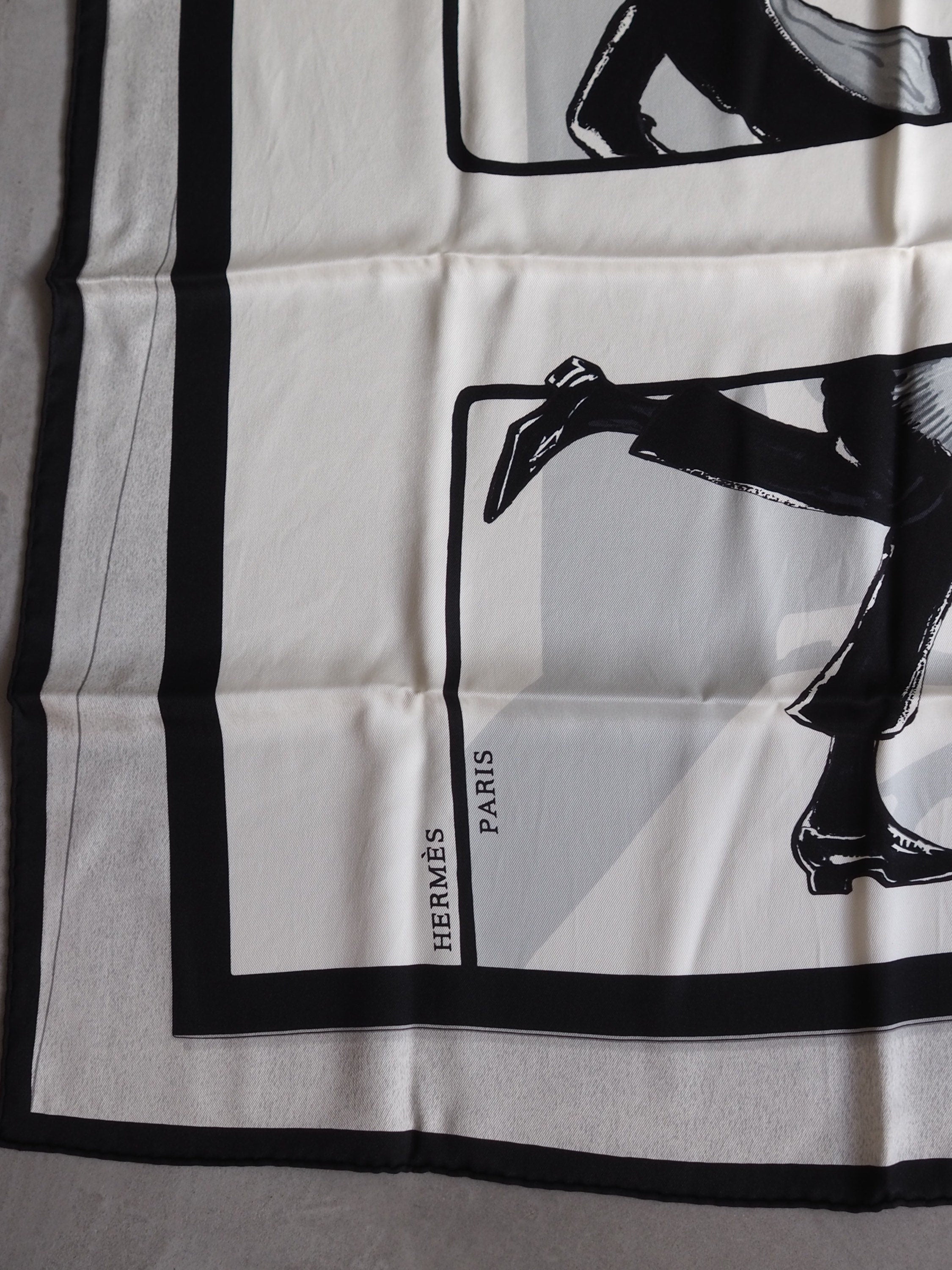 HERMES Scarf Carre 70 " Swinging Saint-Germain "  Silk Black White Vintage Authentic