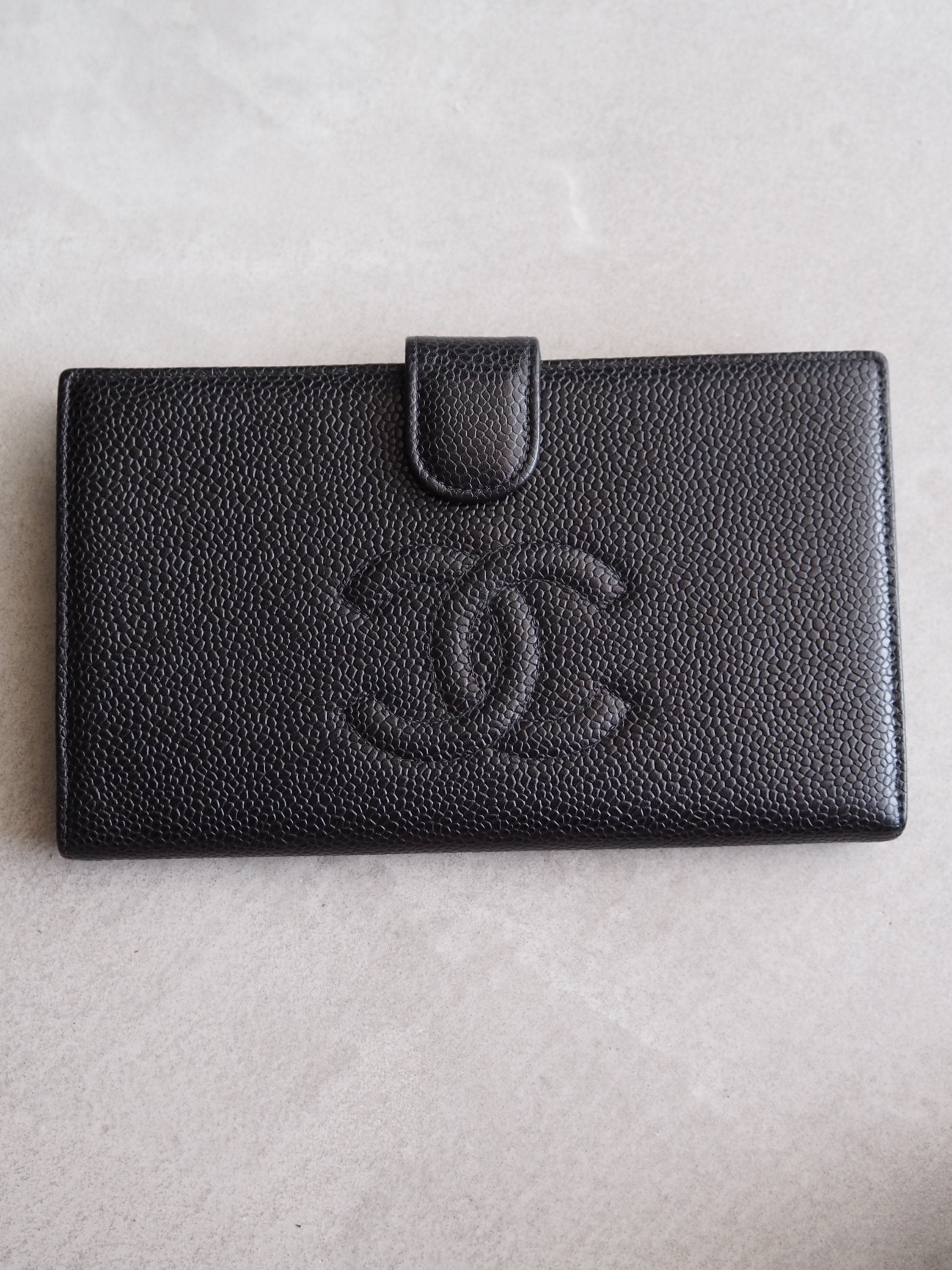 CHANEL COCO Long Wallet Purse Caviar Skin Leather Black Authentic Vintage Box