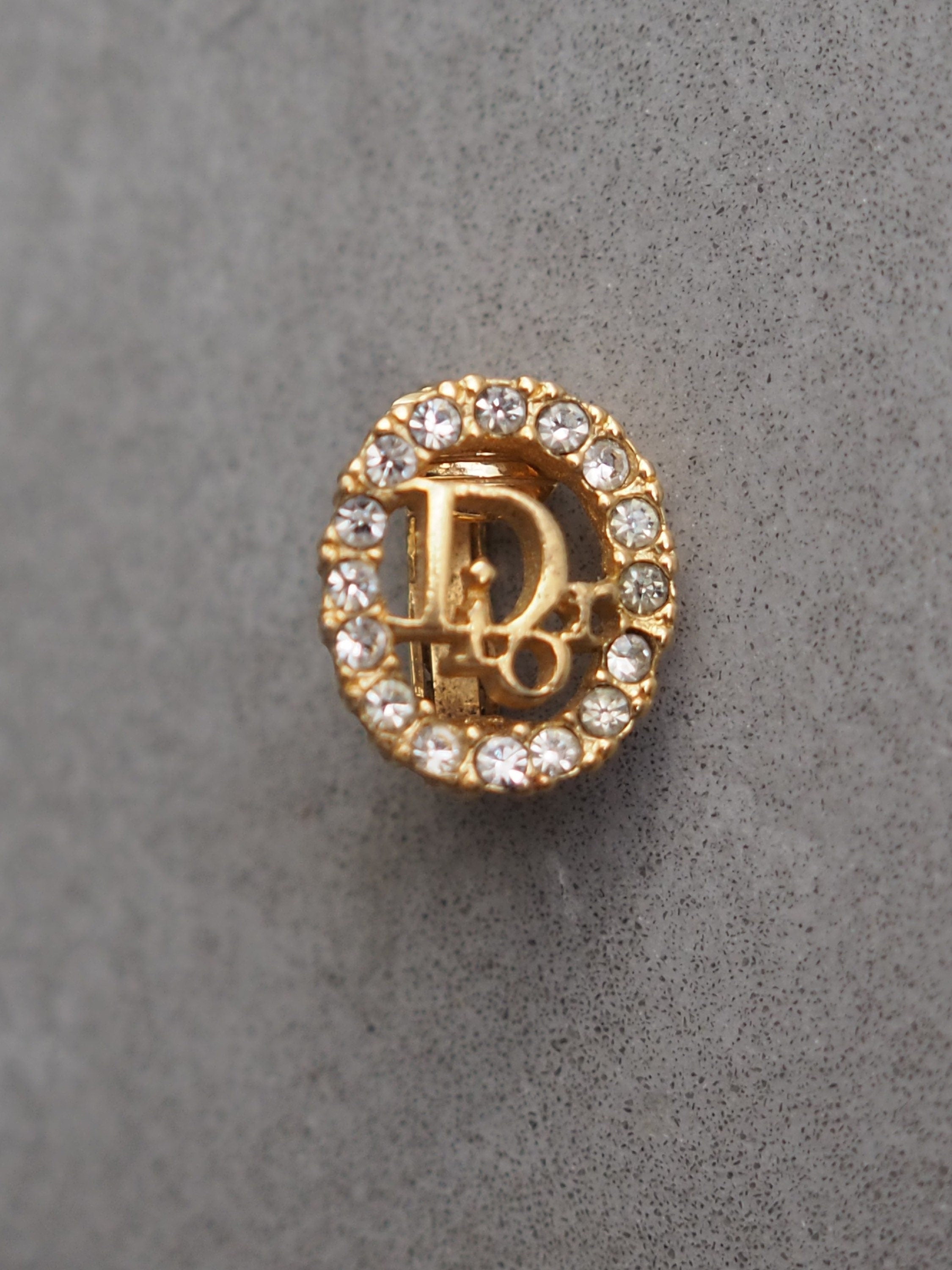 Christian Dior Earrings Rhinestone CD Logo Vintage Metal Gold Authentic