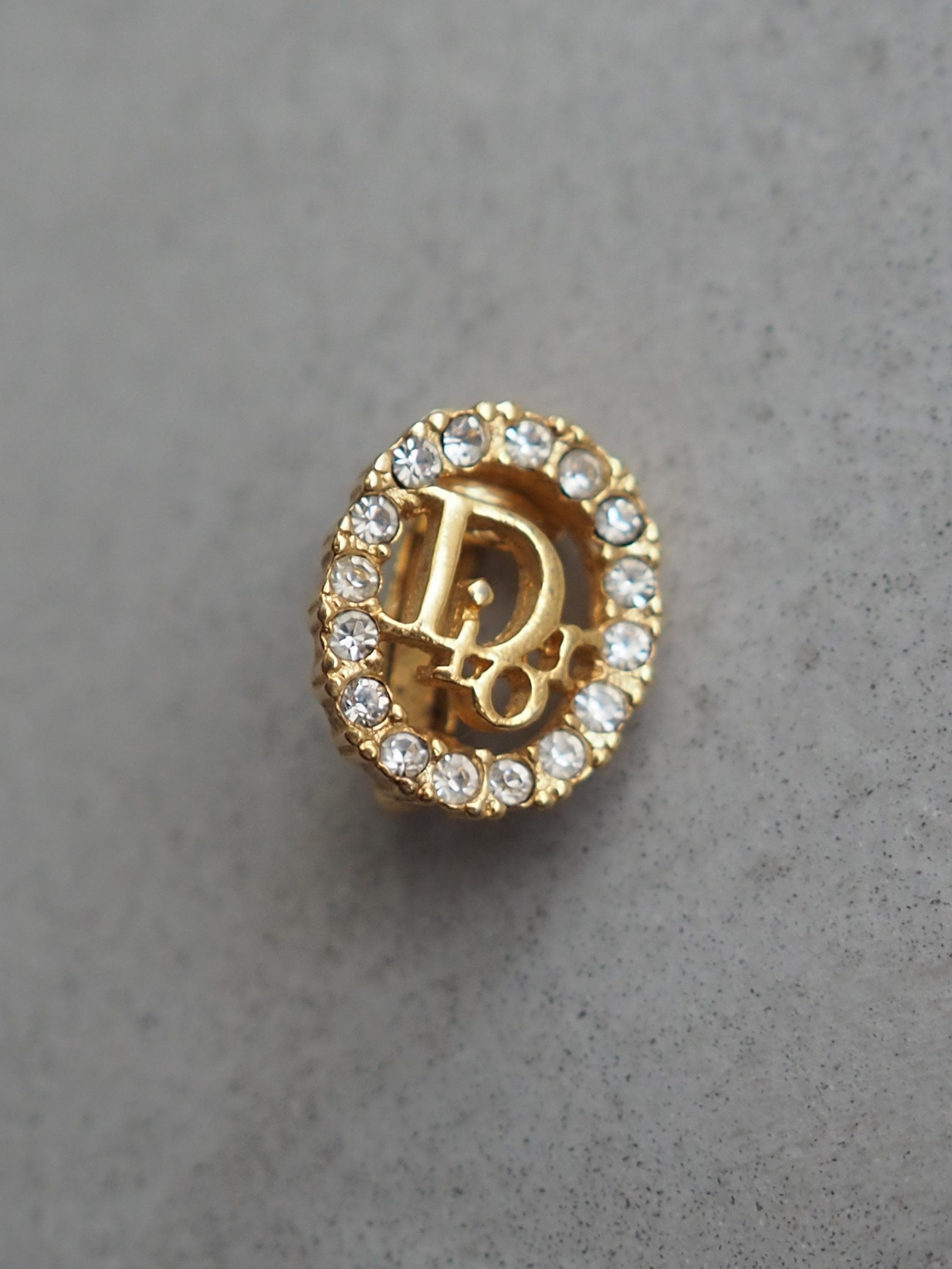 Christian Dior Earrings Rhinestone CD Logo Vintage Metal Gold Authentic