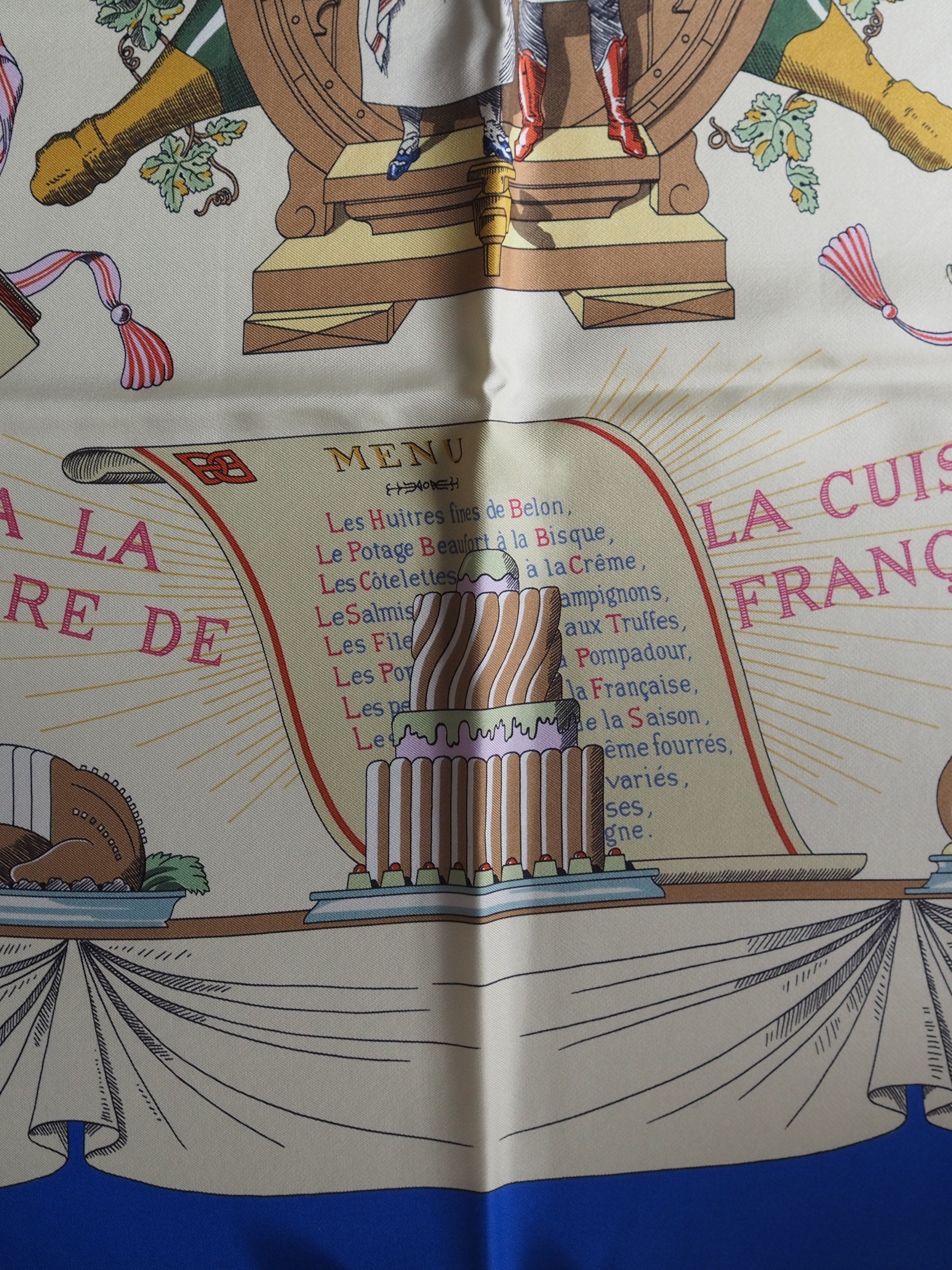 HERMES Scarf Carre 90 " A La Gloire De La Cuisine FRANCAISE " Scarf Blue Authentic