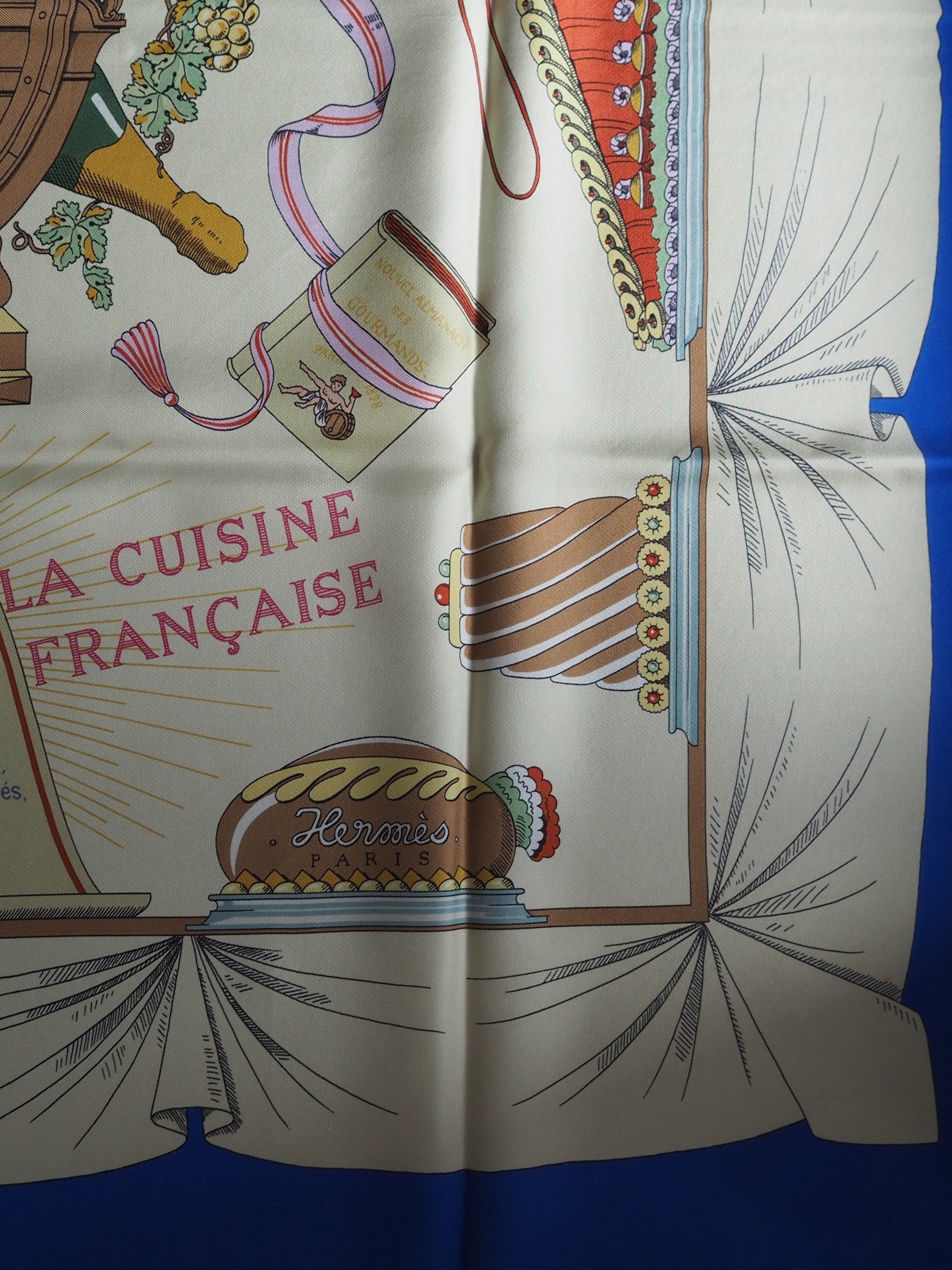 HERMES Scarf Carre 90 " A La Gloire De La Cuisine FRANCAISE " Scarf Blue Authentic