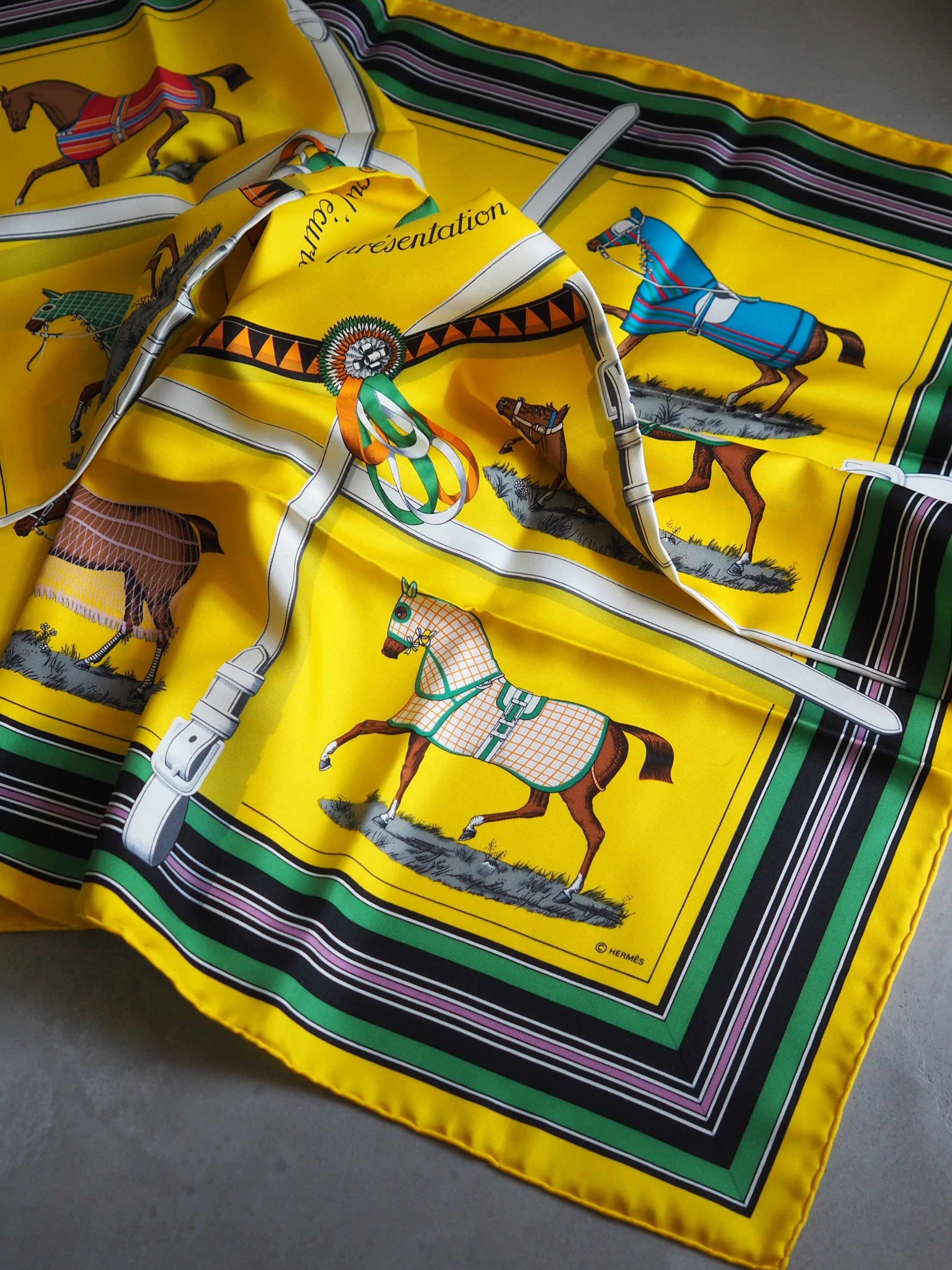 HERMES Scarf Carre 90 " Couvertures et Tenues de Jour " Silk Yellow Vintage Authentic