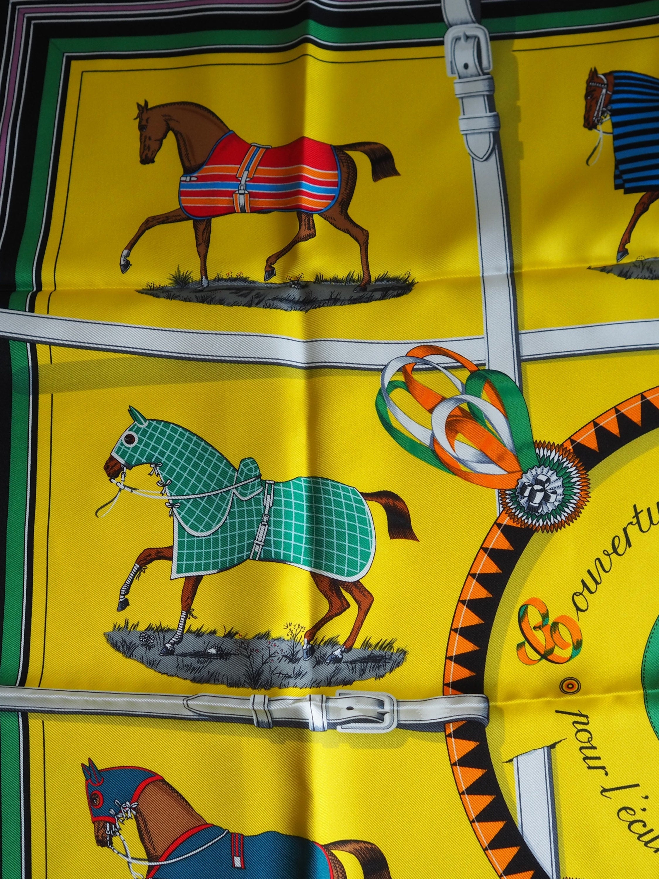 HERMES Scarf Carre 90 " Couvertures et Tenues de Jour " Silk Yellow Vintage Authentic