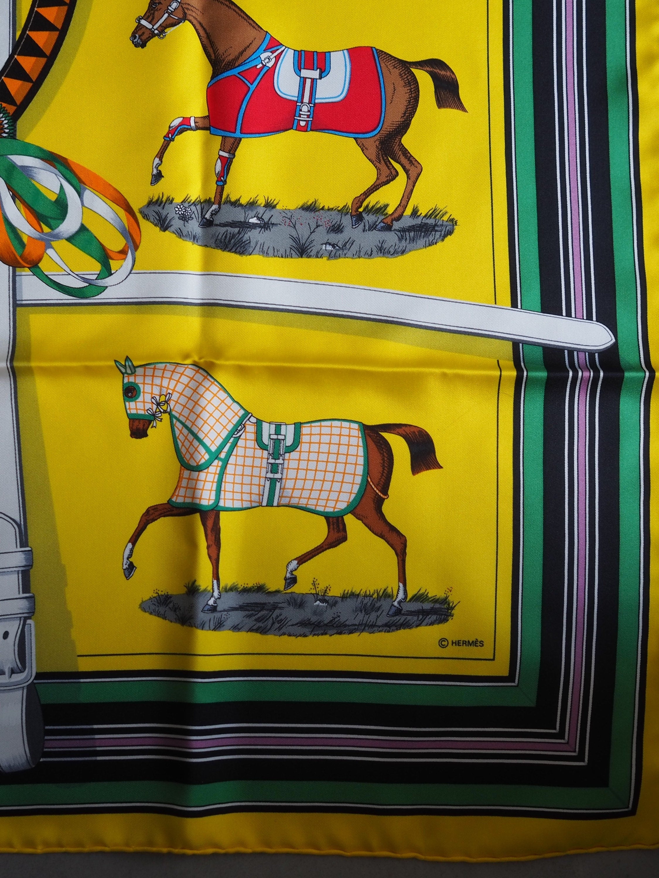 HERMES Scarf Carre 90 " Couvertures et Tenues de Jour " Silk Yellow Vintage Authentic