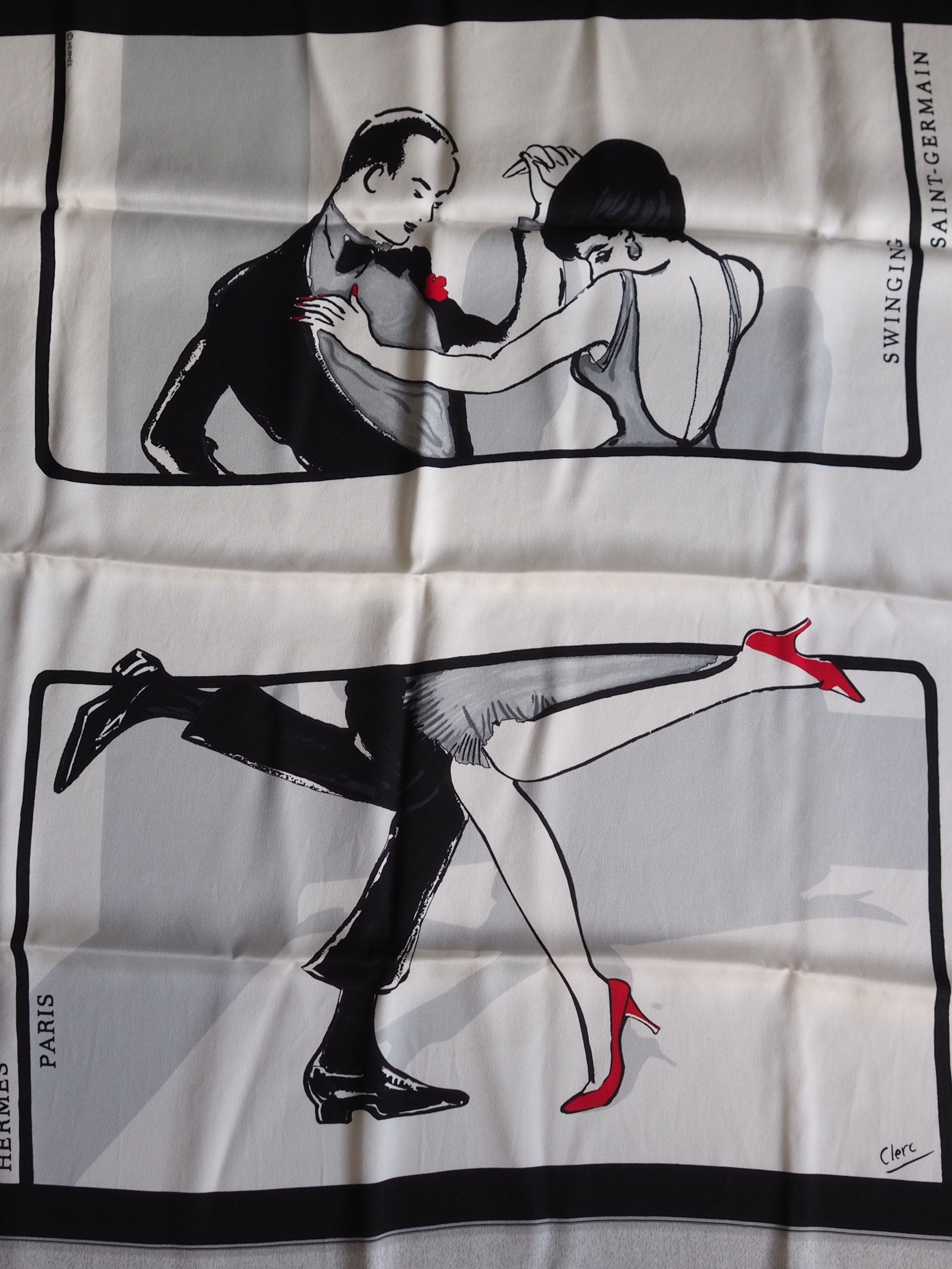 HERMES Scarf Carre 70 " Swinging Saint-Germain "  Silk Black White Vintage Authentic