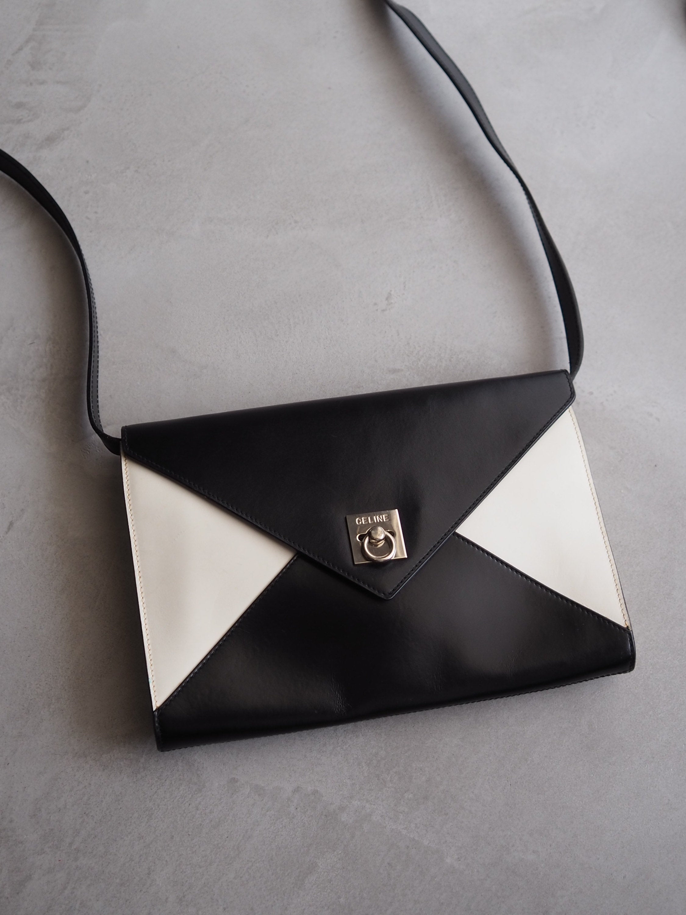 CELINE Shoulder Cross Body Bag Leather Black White Bicolor Vintage Authentic