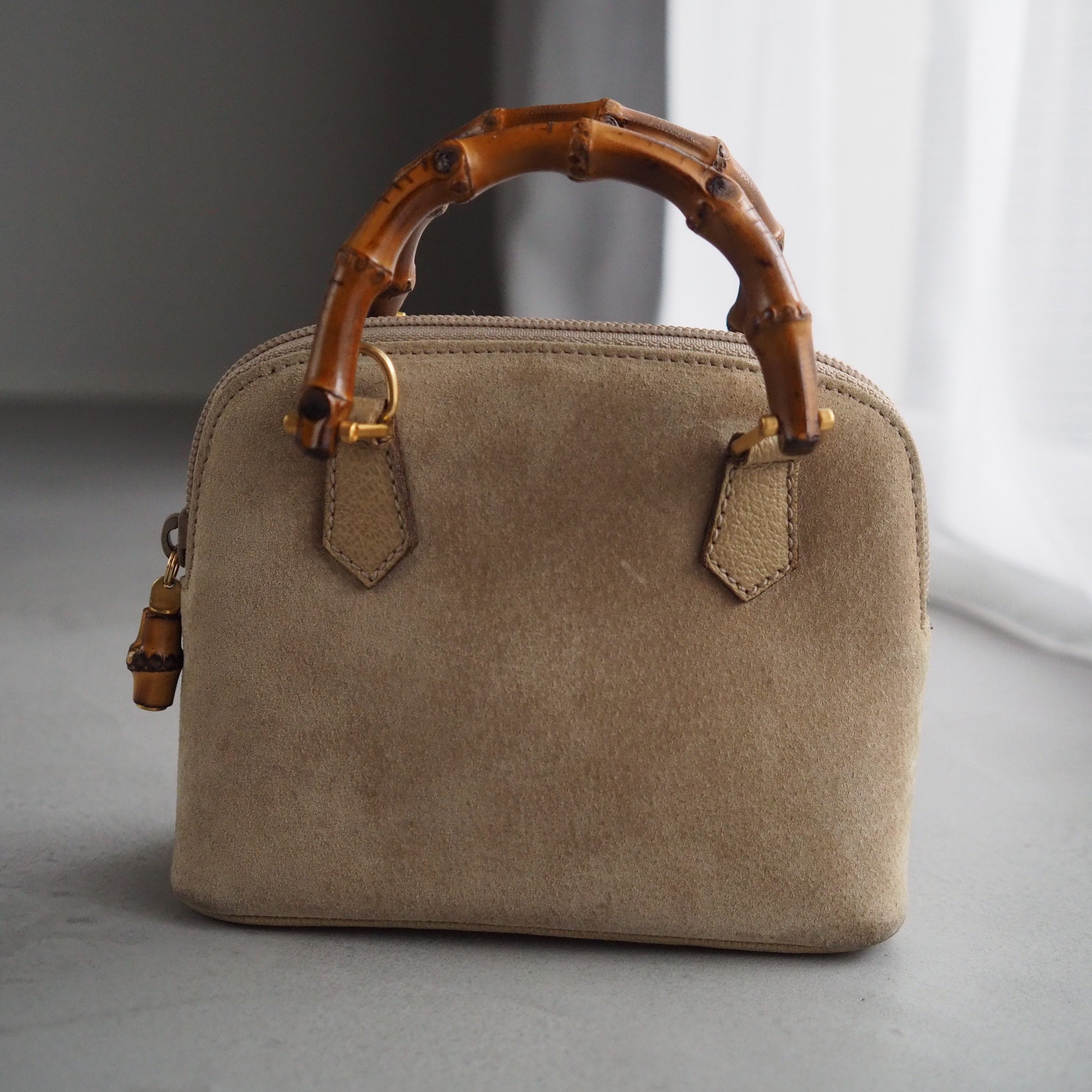 GUCCI Bamboo Mini Hand Shoulder 2way Bag Suede Beige Vintage Authentic